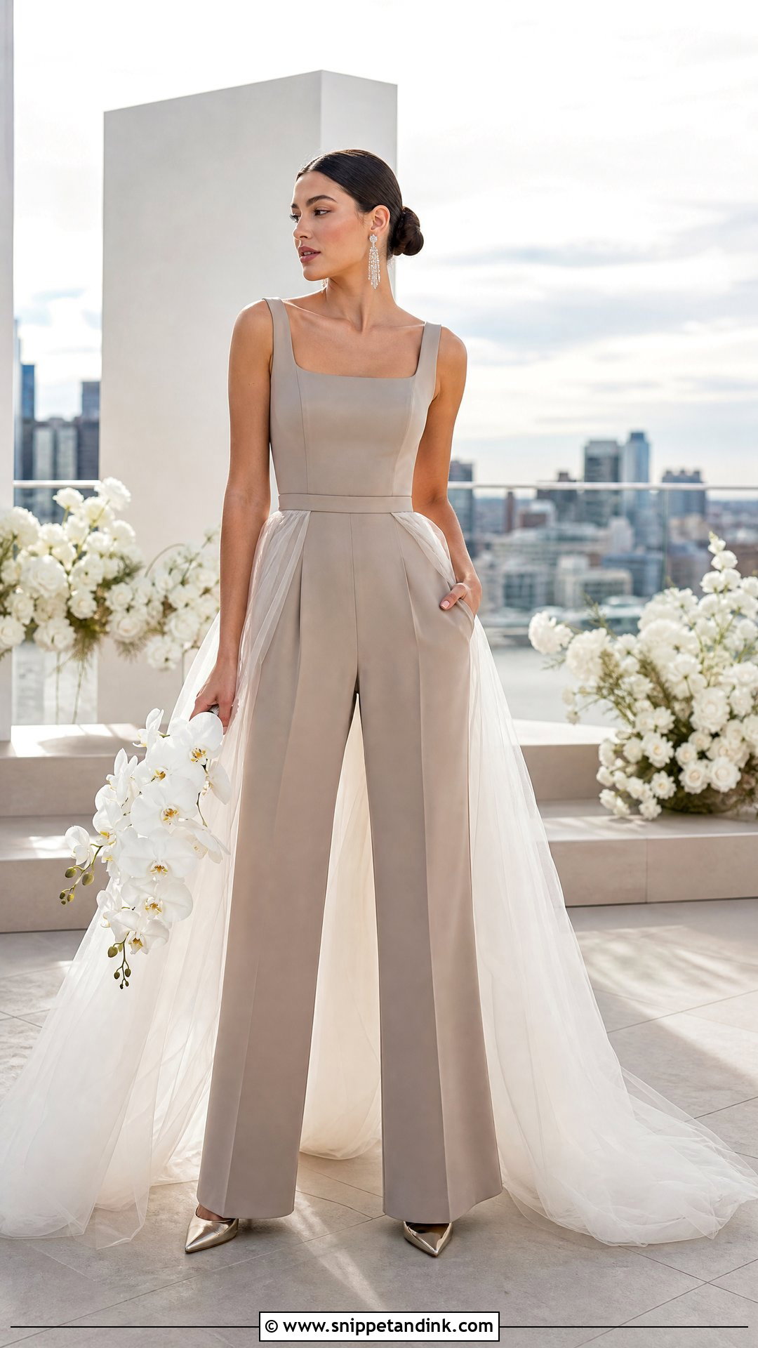 Taupe Wedding Jumpsuit With Overskirt - Snippet and Ink - 20 Taupe Wedding Dress Ideas
