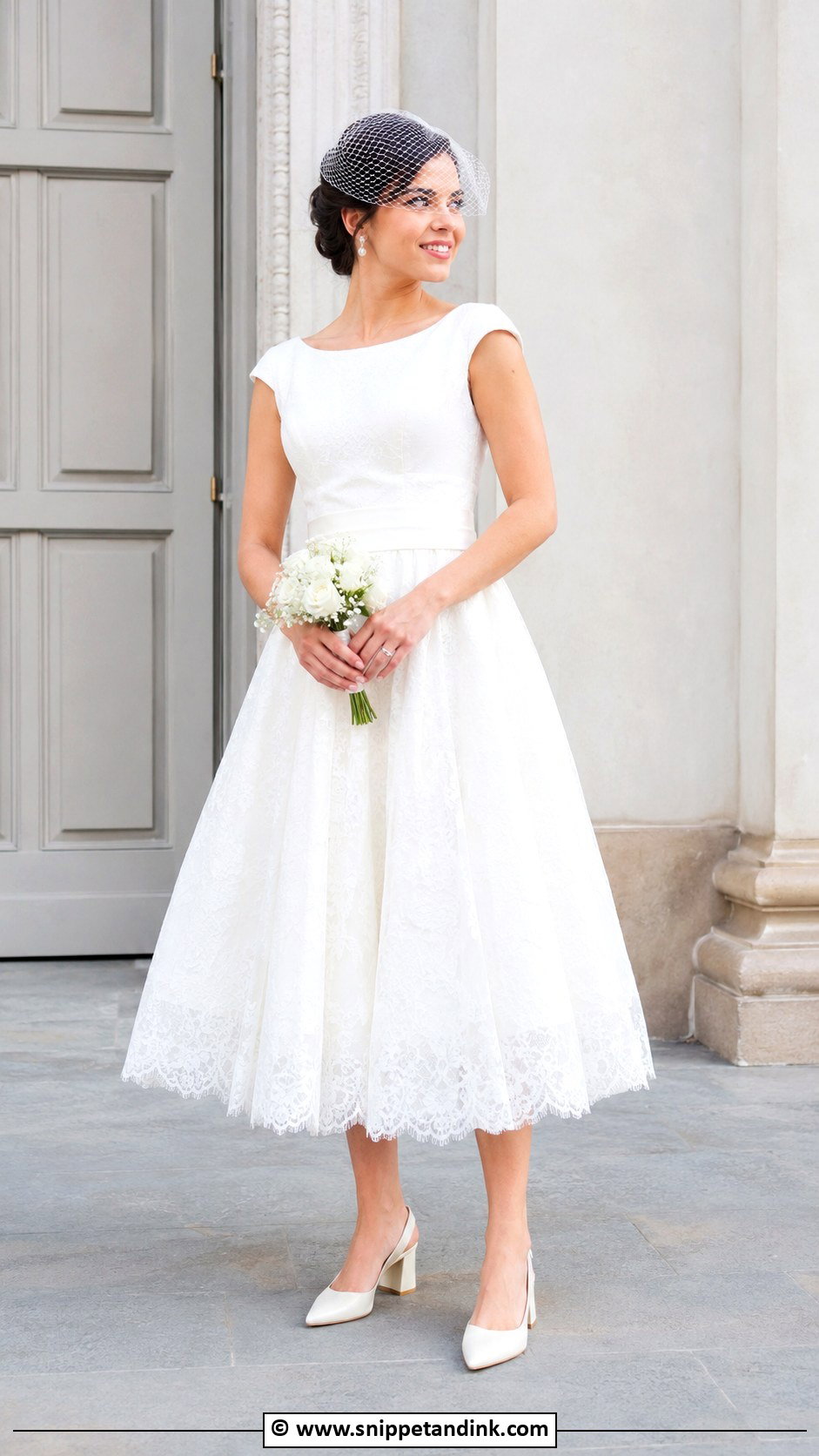 Tea Length A Line Wedding Dress With Block Heels - Snippet and Ink - 30 Aline Wedding Dress Ideas