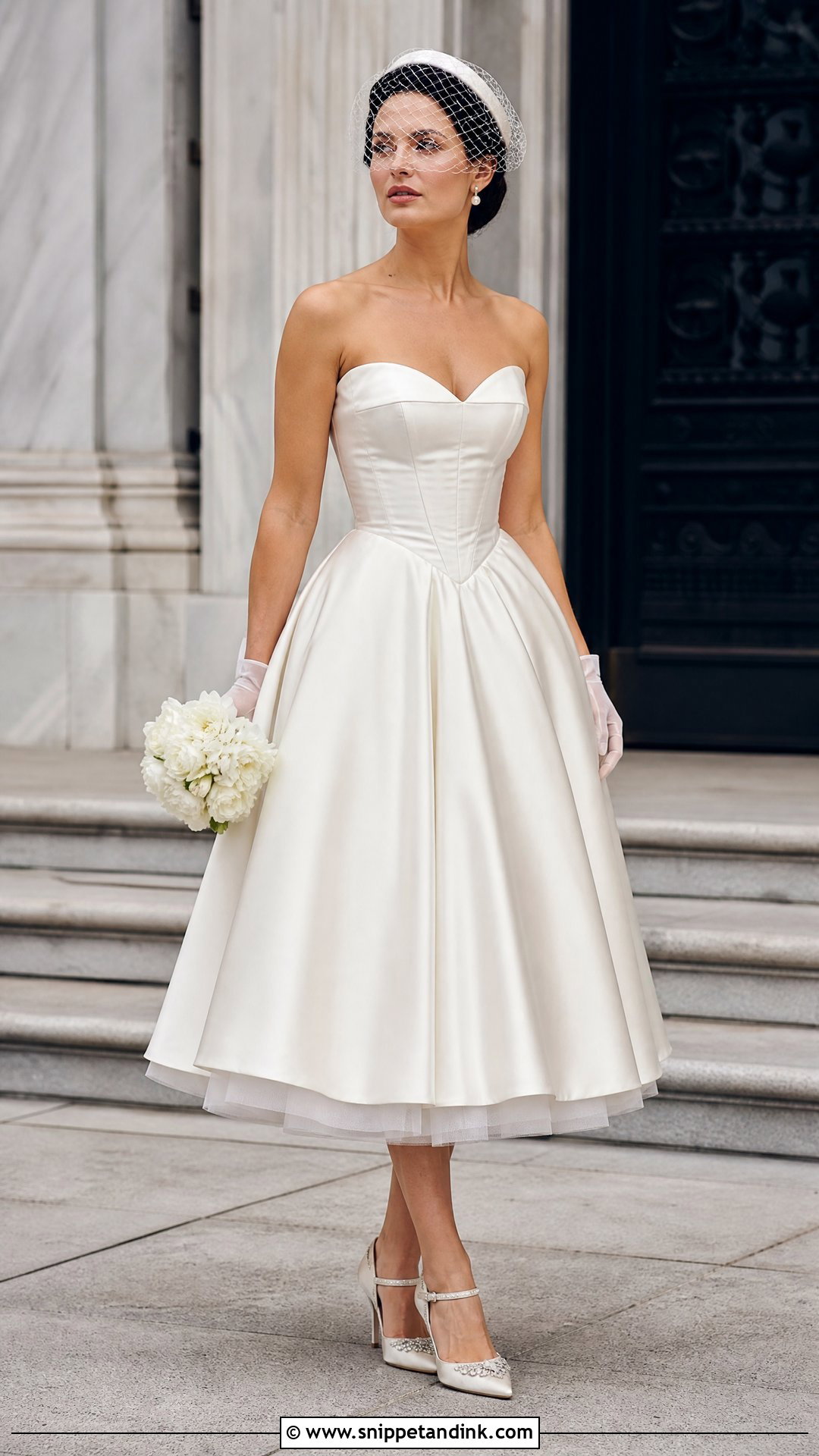 Tea Length Basque Waist Wedding Dress - Snippet and Ink - 20 Vintage Basque Waist Wedding Dress Ideas