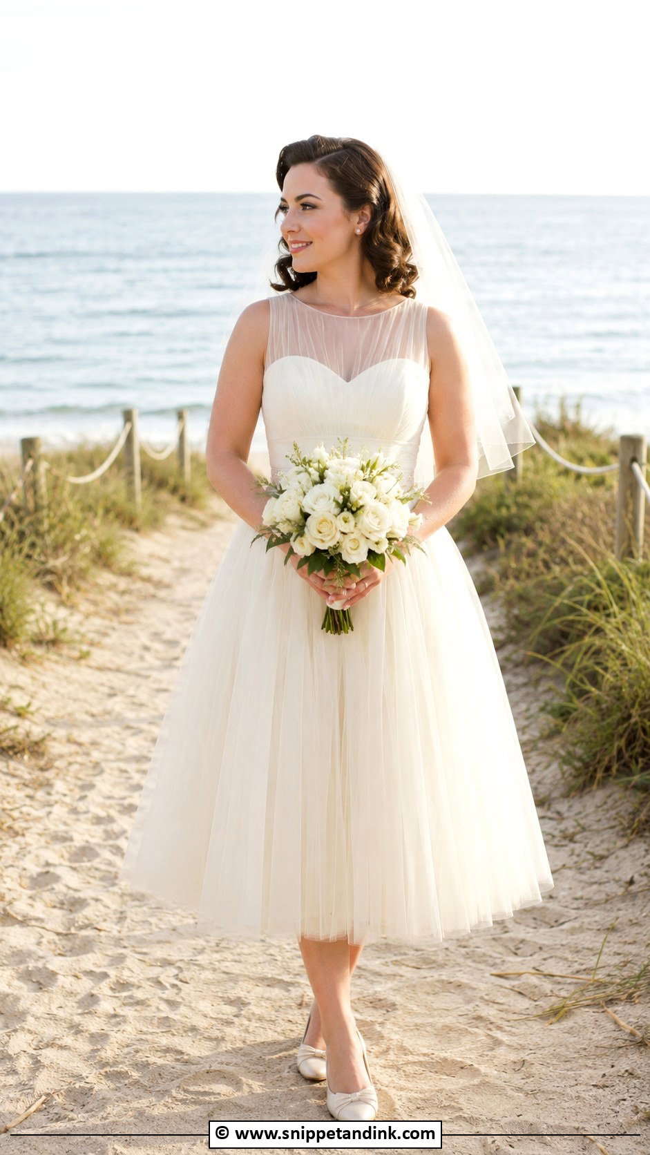 Tea Length Beach Bridal Dress With Ballet Flats - Snippet and Ink - 30 Beach Bridal Dresses