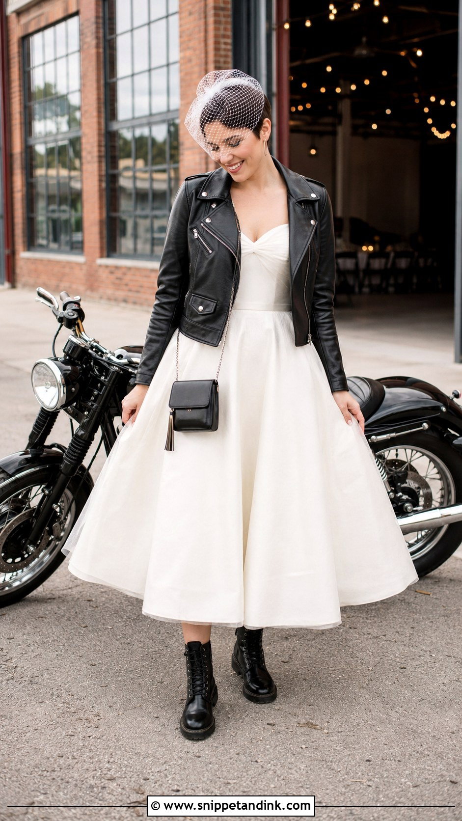 Tea Length Biker Wedding Dress With Combat Boots - Snippet and Ink - 20 Biker Wedding Dress Ideas