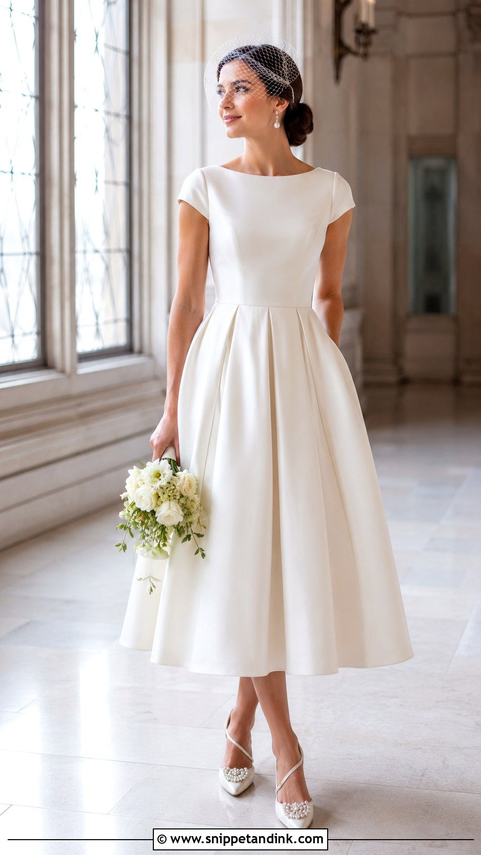 Tea Length Boat Neck Wedding Dress With Cap Sleeves - Snippet and Ink - 20 Boat Neck Wedding Dress with Sleeves