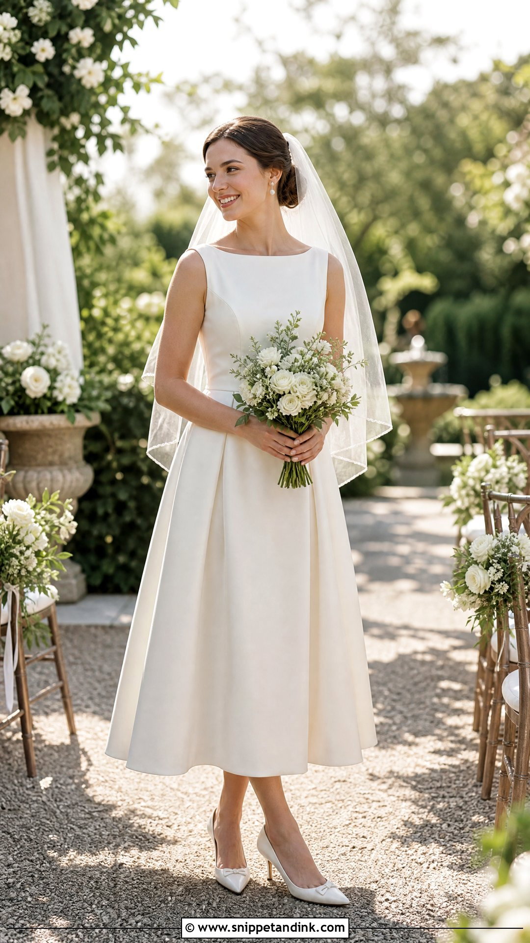 Tea Length Bridal Dress With Kitten Heels - Snippet and Ink - 20 Simple Bridal Outfit Ideas