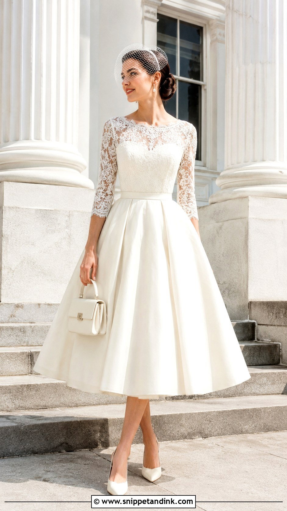 Tea Length Bridal Dress With Three Quarter Sleeves - Snippet and Ink - 20 Bridal Dresses with Sleeves