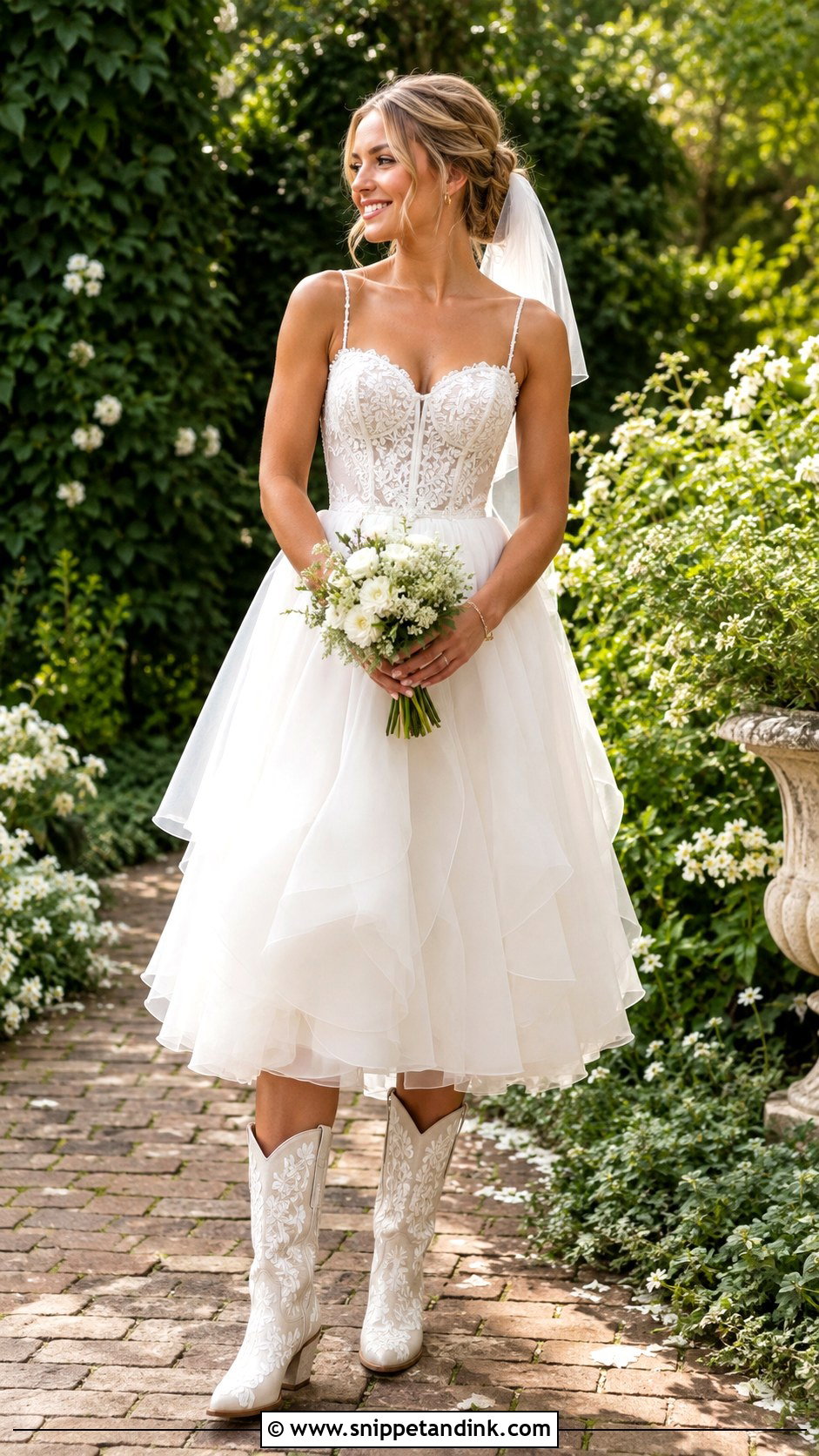 Tea Length Bride Dress With Embroidered Western Boots - Snippet and Ink - 20 Bride with Boots Ideas