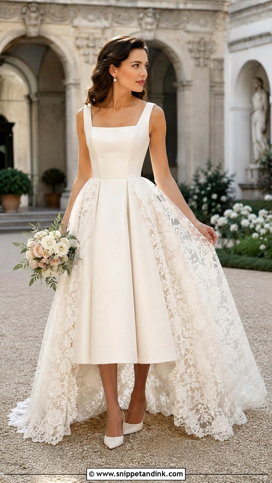 Tea Length Convertible Wedding Dress With Lace Overskirt - Snippet and Ink - 20 Convertible Wedding Dress Long to Short Ideas