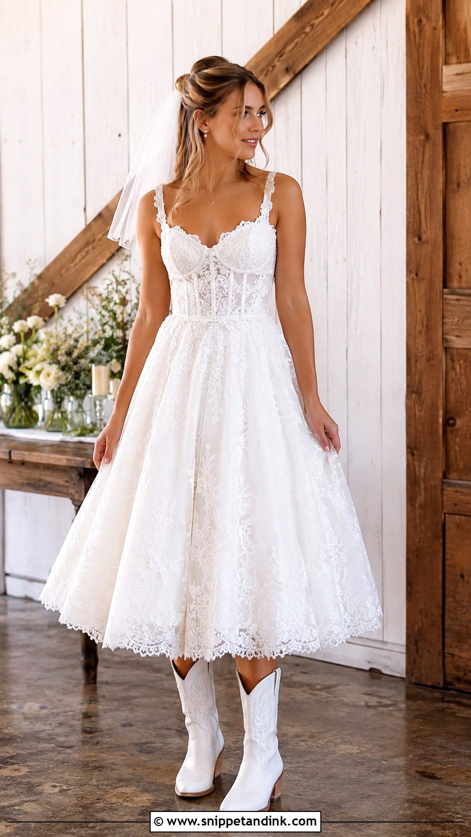 Tea Length Country Wedding Gown With White Cowgirl Boots - Snippet and Ink - 20 Country Wedding Gowns