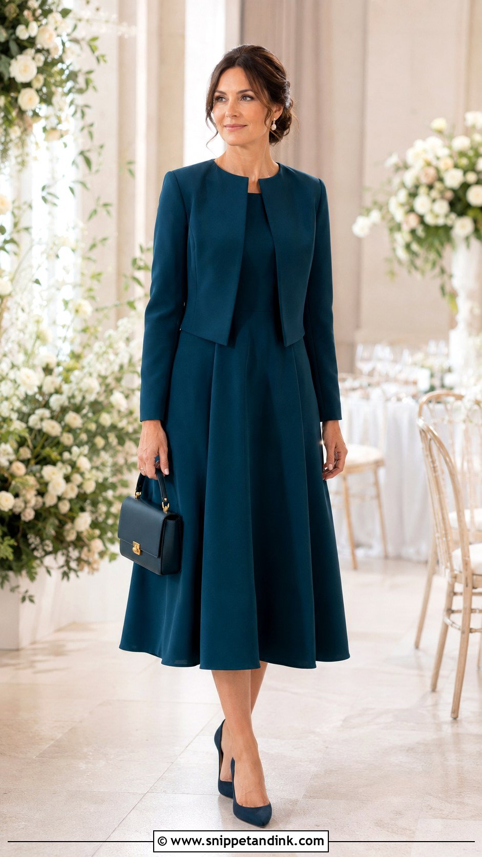 Tea Length Dress And Cropped Jacket Officiant Outfit - Snippet and Ink - 20 Female Officiant Attire Wedding Ideas