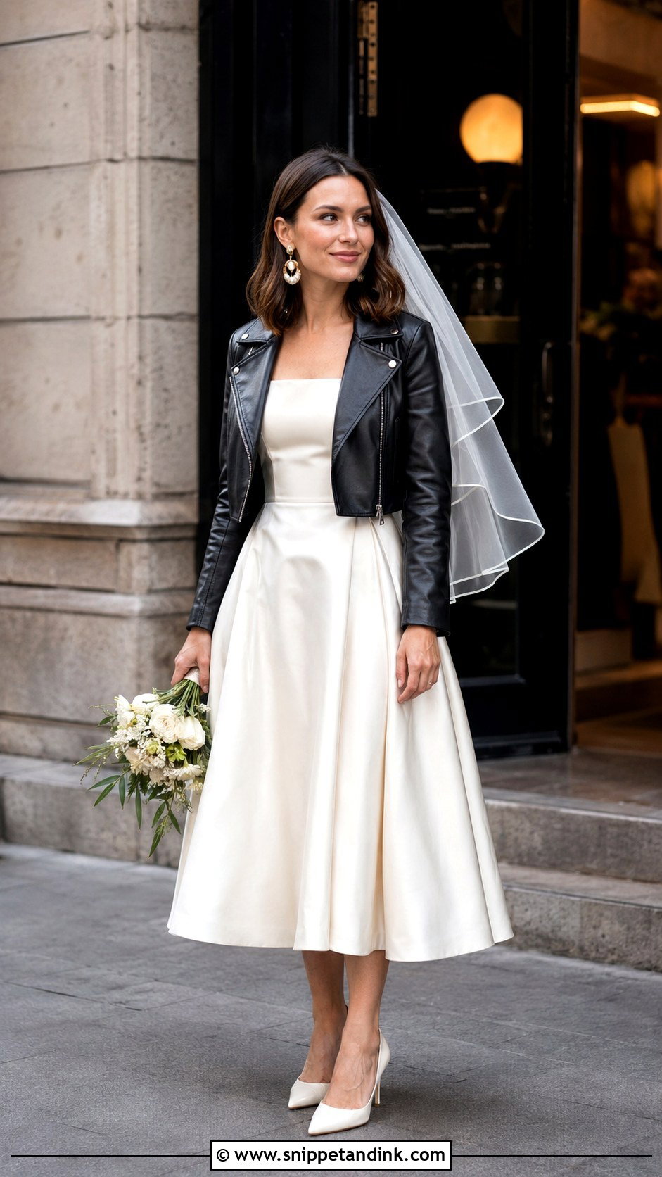 Tea Length Dress And Leather Jacket Wedding Outfit - Snippet and Ink - 20 Alternative Wedding Outfit Ideas