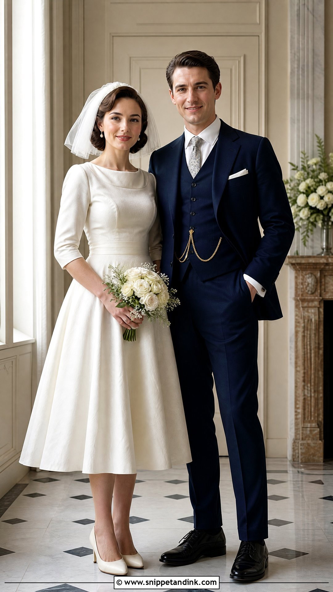 Tea Length Dress And Three Piece Suit Outfit - Snippet and Ink - 25 Wedding Outfits for Couples
