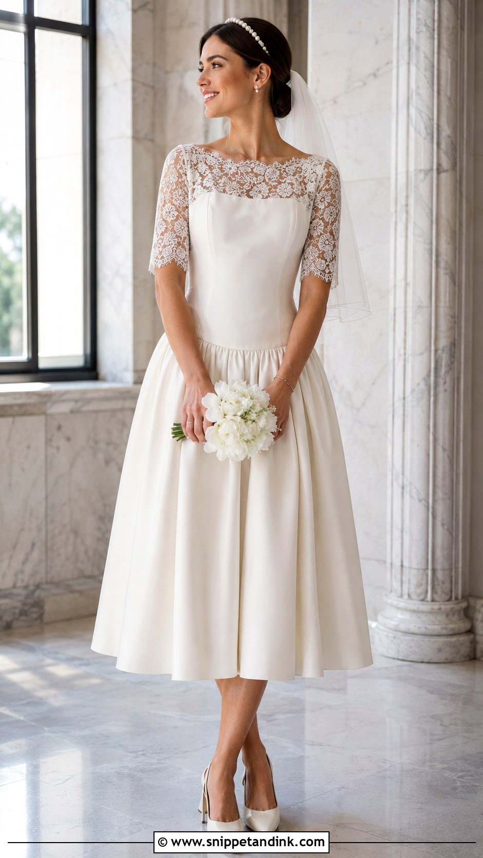 Tea Length Drop Waist Wedding Dress With Elbow Sleeves - Snippet and Ink - 20 Drop Waist Wedding Dress with Sleeves