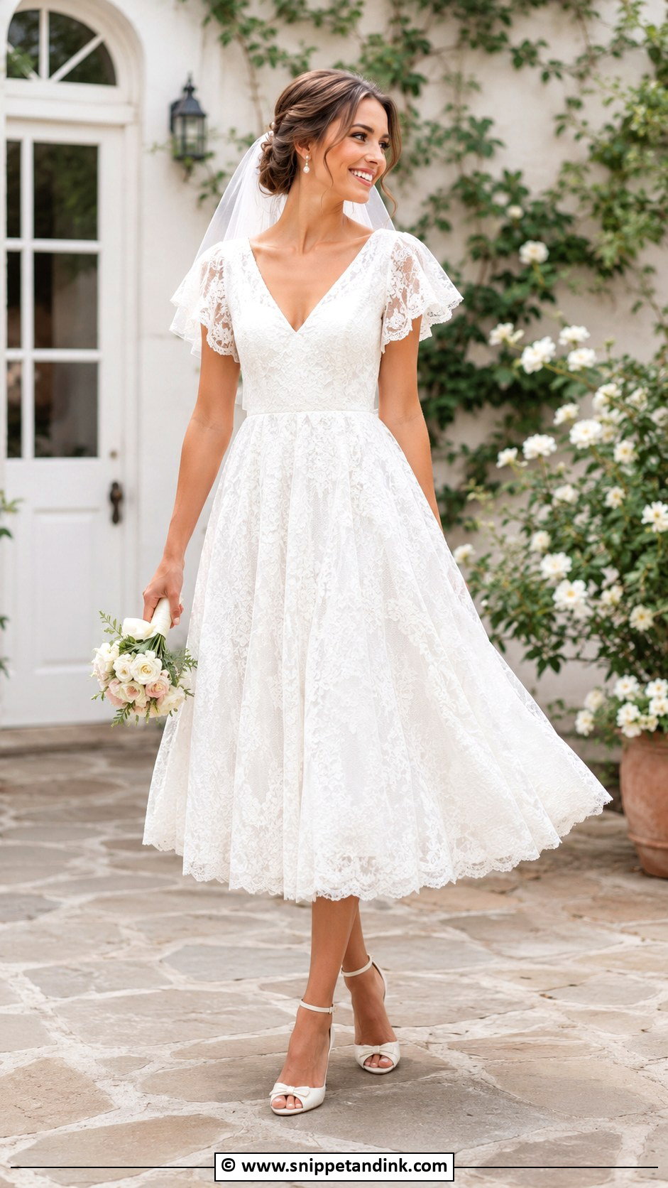 Tea Length Flutter Sleeve Wedding Dress - Snippet and Ink - 25 Flutter Sleeve Wedding Dress Ideas