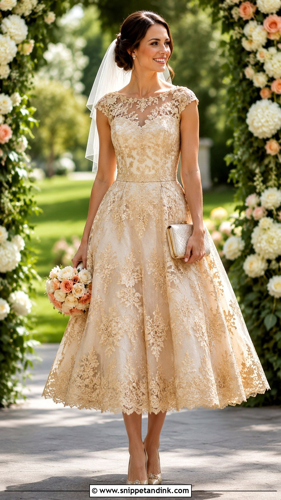Tea Length Gold Lace Wedding Dress - Snippet and Ink - 20 Gold Lace Wedding Dress Ideas