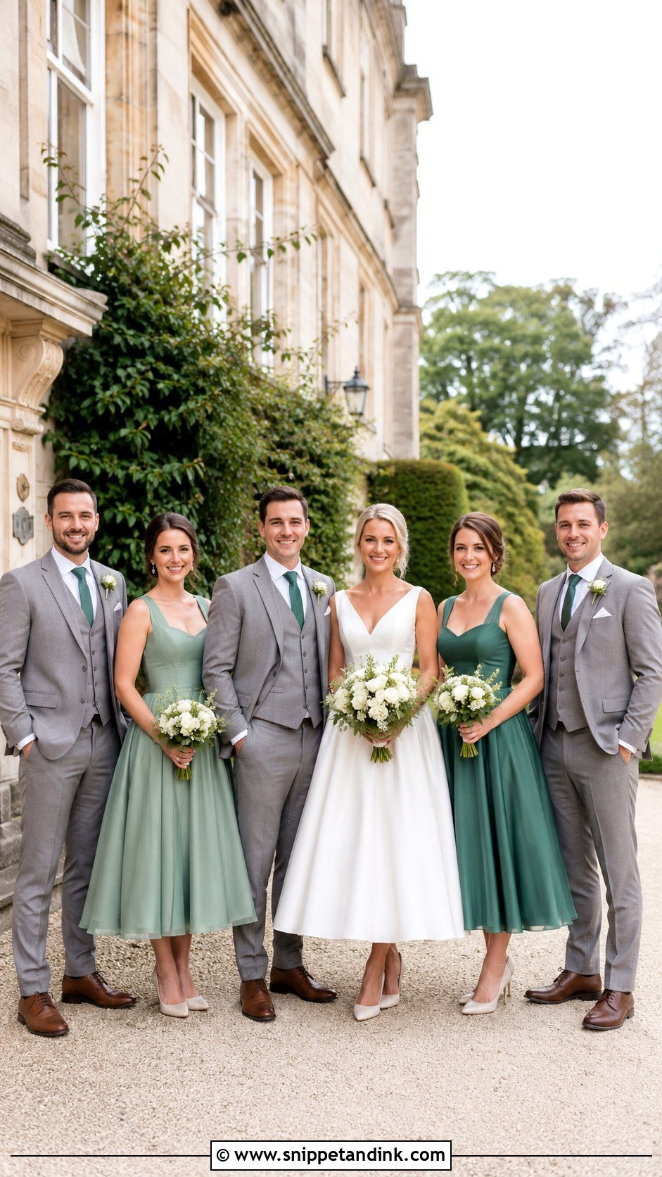 Tea Length Green Dresses With Gray Three Piece Suits - Snippet and Ink - 20 Green Wedding Party Attire Ideas