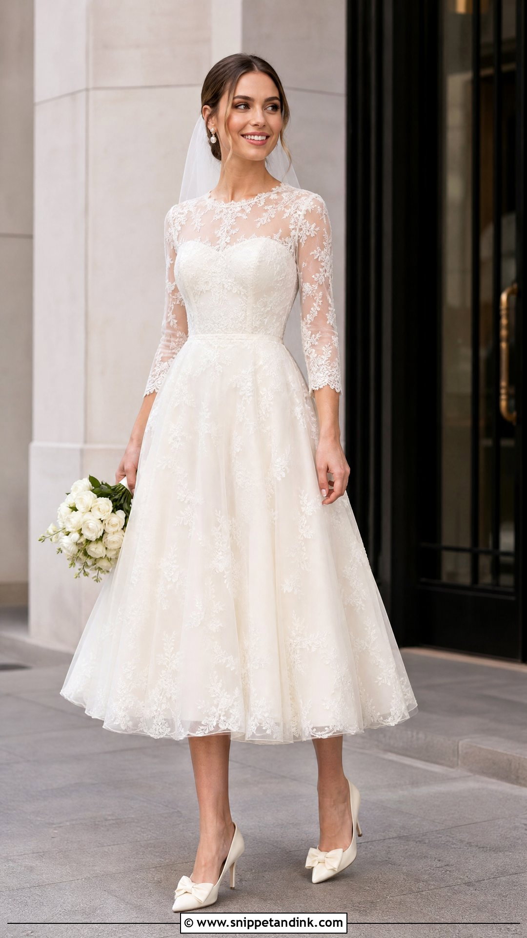 Tea Length Illusion Sleeve Wedding Dress - Snippet and Ink - 20 Illusion Sleeve Wedding Dress Ideas