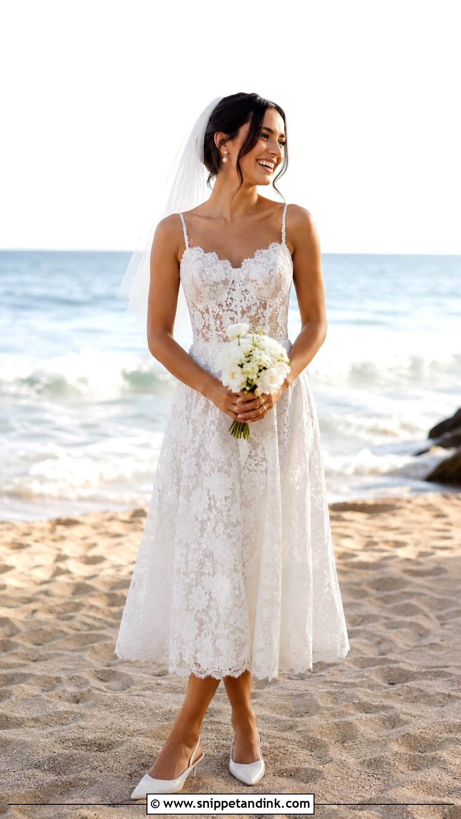 Tea Length Lace Beach Wedding Dress - Snippet and Ink - 20 Lace Beach Wedding Dress Ideas