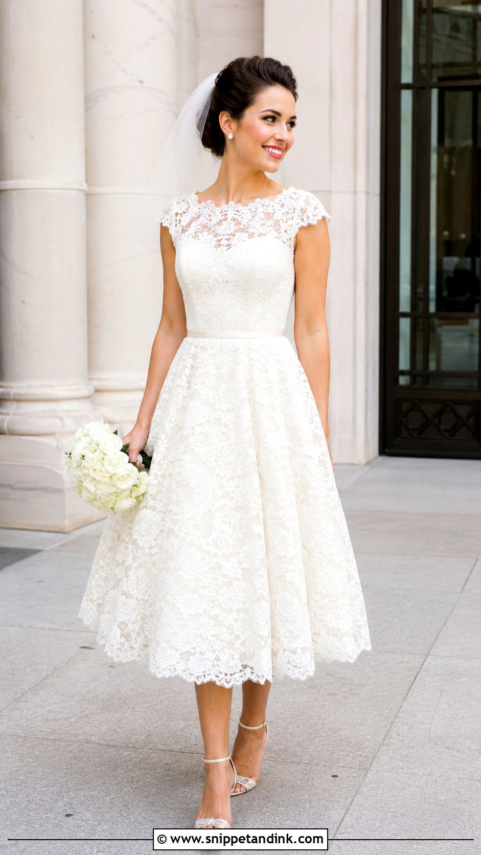 Tea Length Lace Cap Sleeve Wedding Dress - Snippet and Ink - 20 Lace Cap Sleeve Wedding Dress Ideas