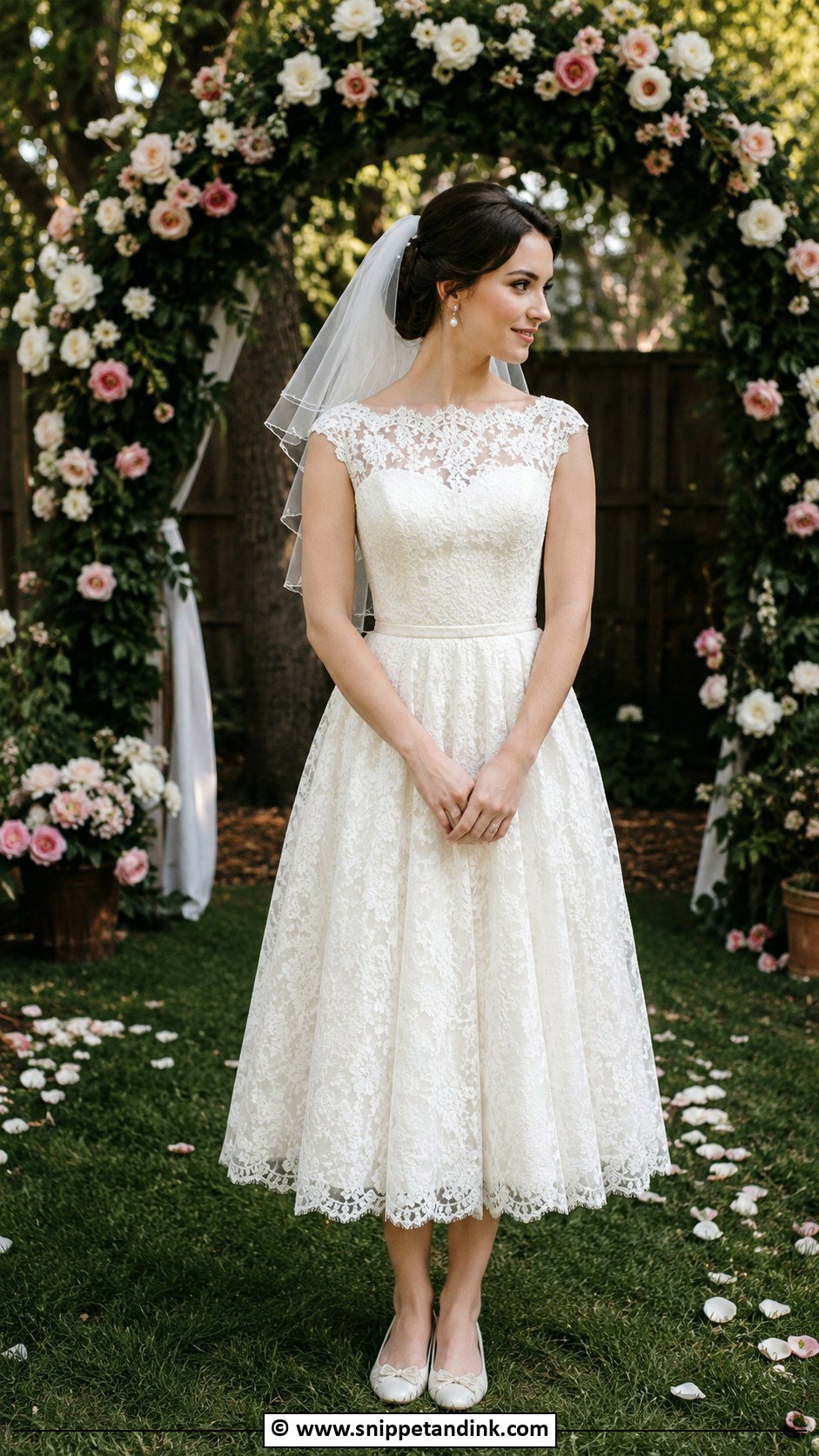 Tea Length Lace Wedding Dress With Ballet Flats - Snippet and Ink - 30 Backyard Wedding Dress Ideas