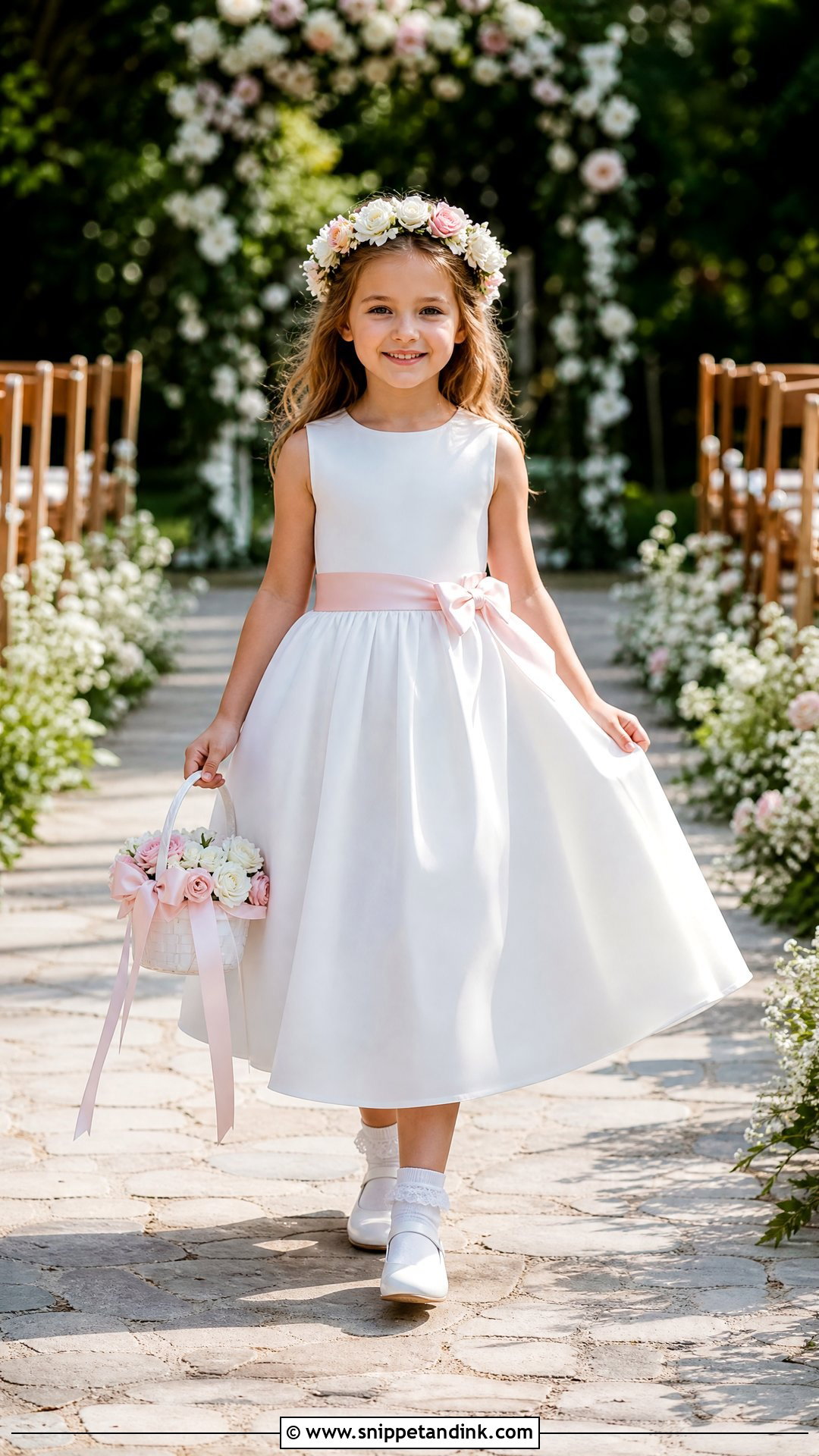 Tea Length Little Bride Gown With Satin Sash - Snippet and Ink - 25 Little Bride Gown Styles for Kids