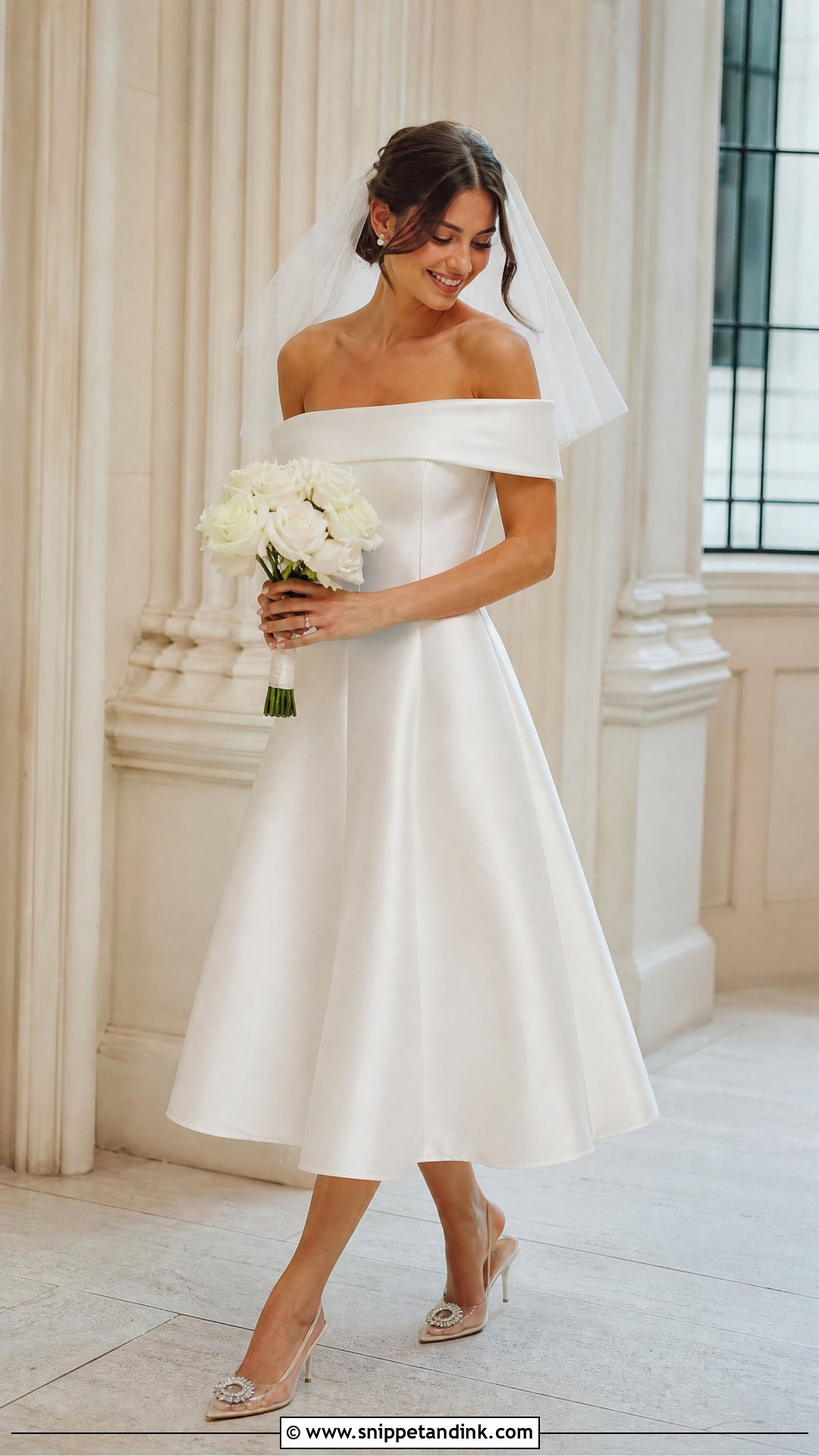 Tea Length Off Shoulder Bridal Gown - Snippet and Ink - 20 Off Shoulder Bridal Gown Ideas
