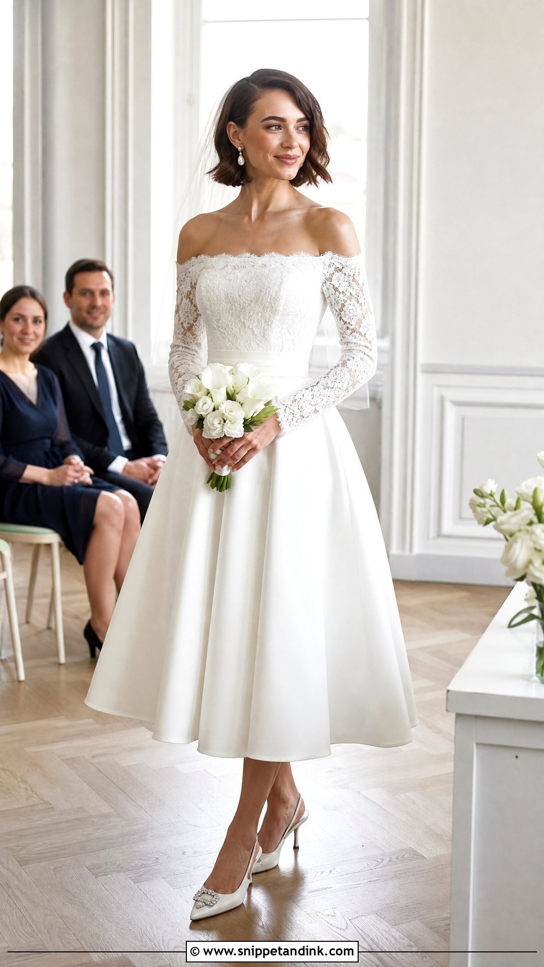 Tea Length Off the Shoulder Long Sleeve Wedding Dress - Snippet and Ink - 20 Off the Shoulder Long Sleeve Wedding Ideas
