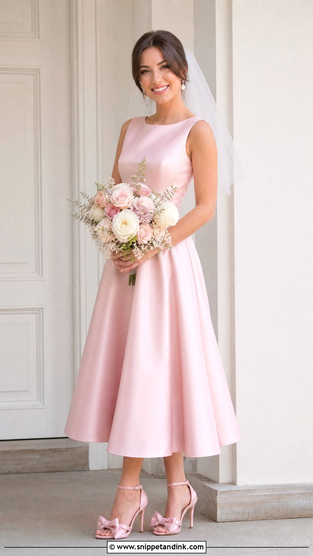 Tea Length Pink Wedding Dress With Bow Heels - Snippet and Ink - 25 Not White Wedding Dress Ideas