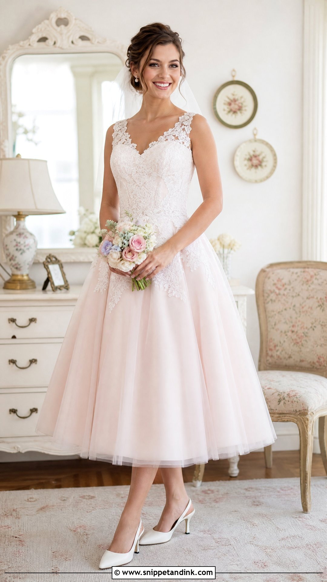 Tea Length Pink and White Wedding Dress - Snippet and Ink - 20 Pink White Wedding Dress Ideas