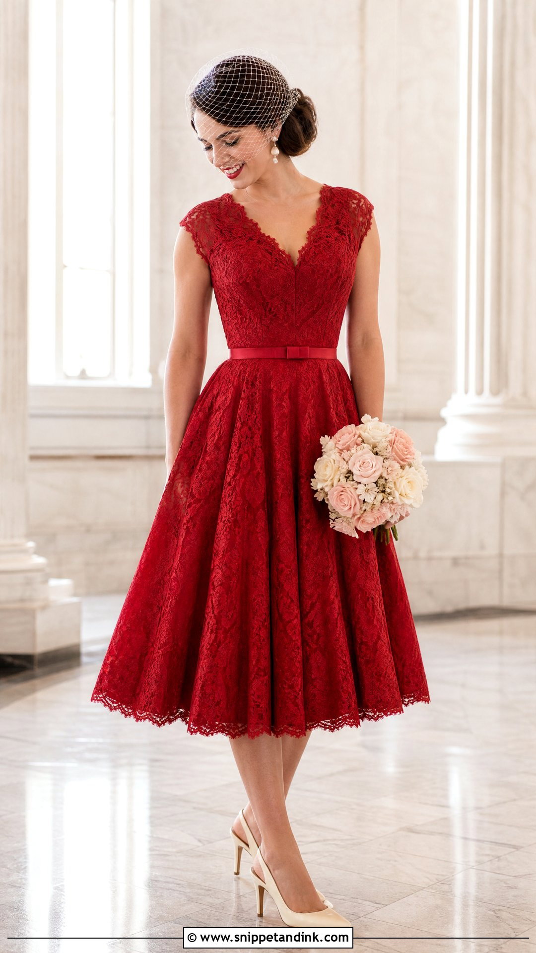 Tea Length Red Lace Wedding Dress - Snippet and Ink - 20 Red Lace Wedding Dress Ideas