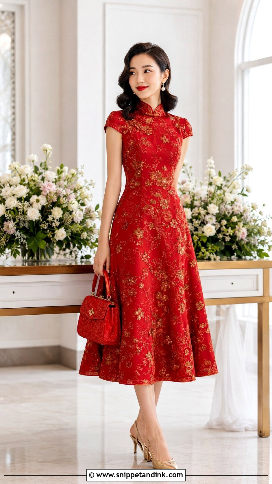 Tea Length Red Qipao Wedding Dress - Snippet and Ink - 20 Red Chinese Wedding Dress Ideas