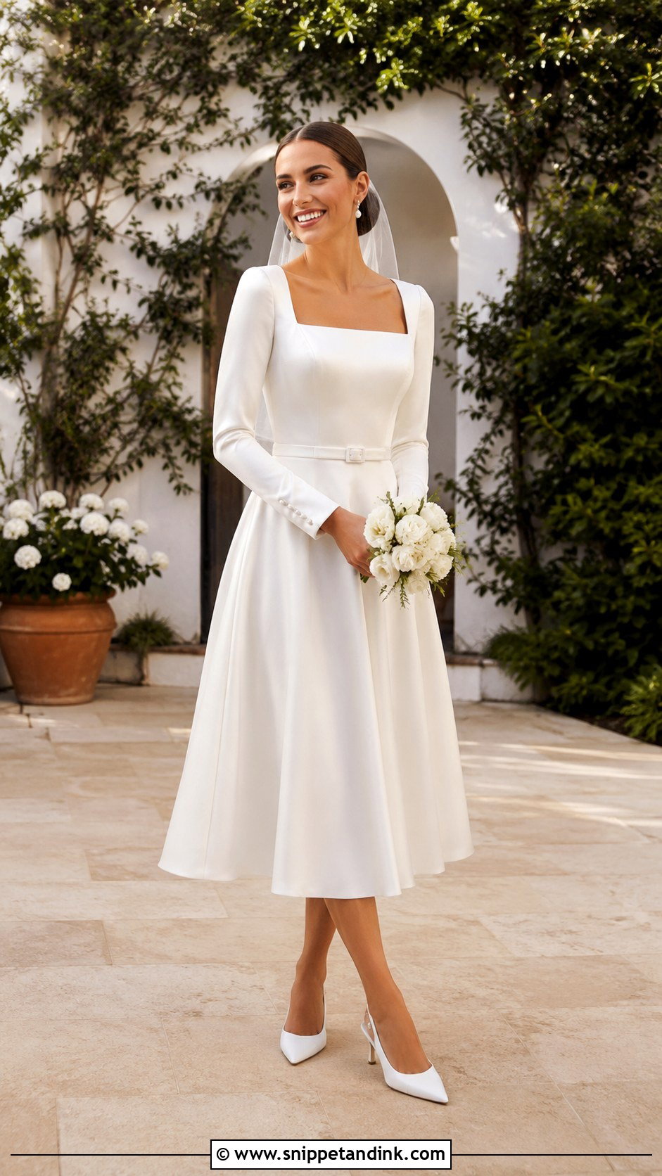 Tea Length Satin Long Sleeve Wedding Dress - Snippet and Ink - 20 Bride Dress Long Sleeve Ideas
