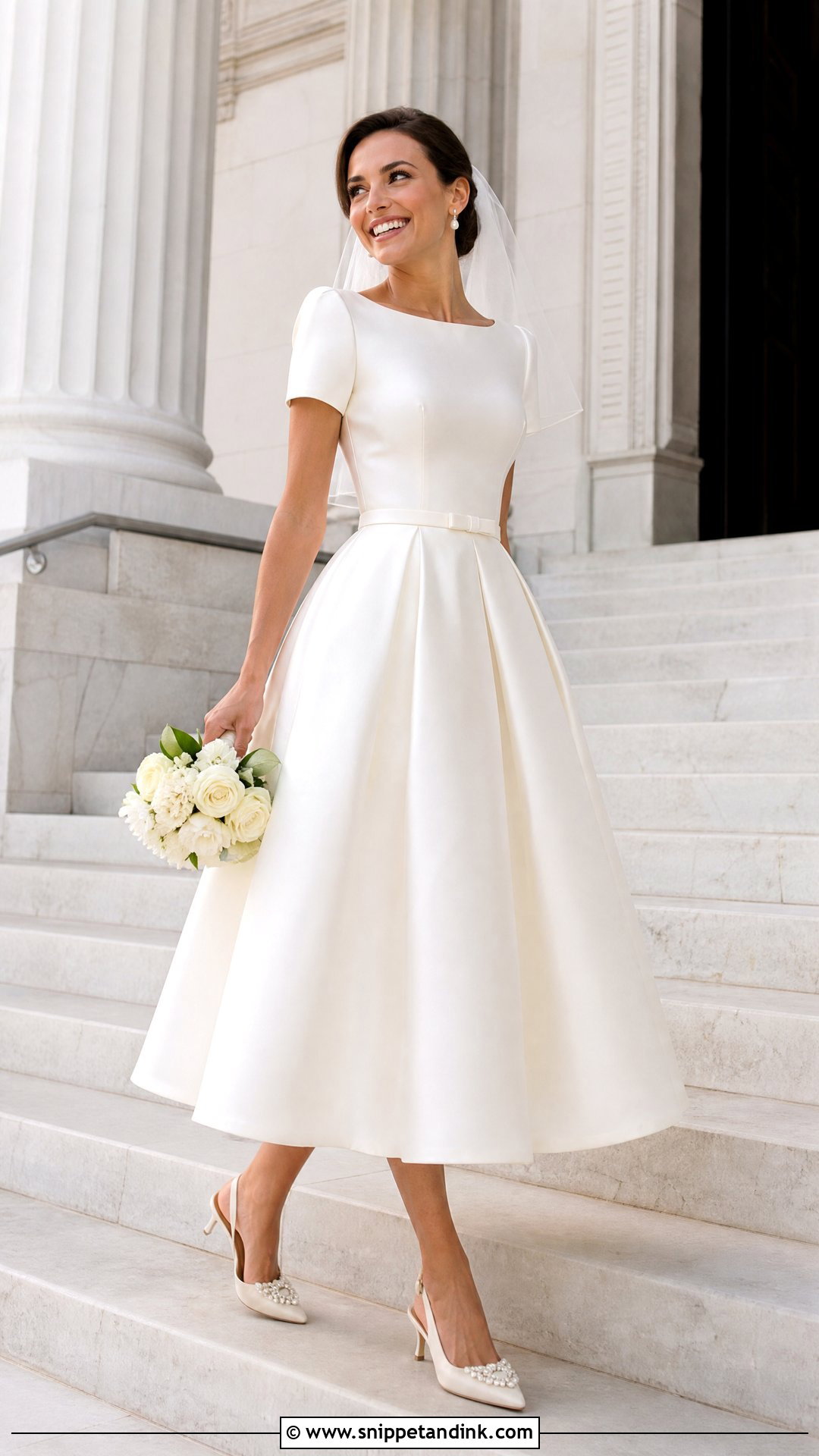 Tea Length Satin Short Sleeve Wedding Dress - Snippet and Ink - 20 Wedding Dresses with Short Sleeves