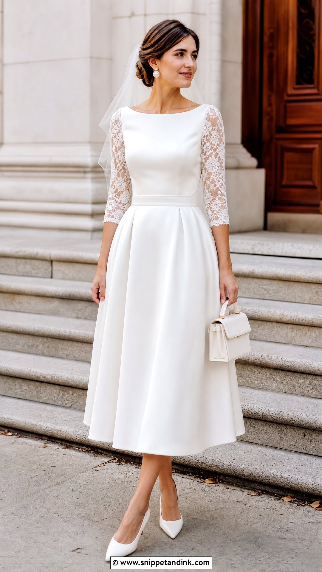 Tea Length Satin Wedding Dress With Lace Sleeves - Snippet and Ink - 20 Satin and Lace Wedding Dresses