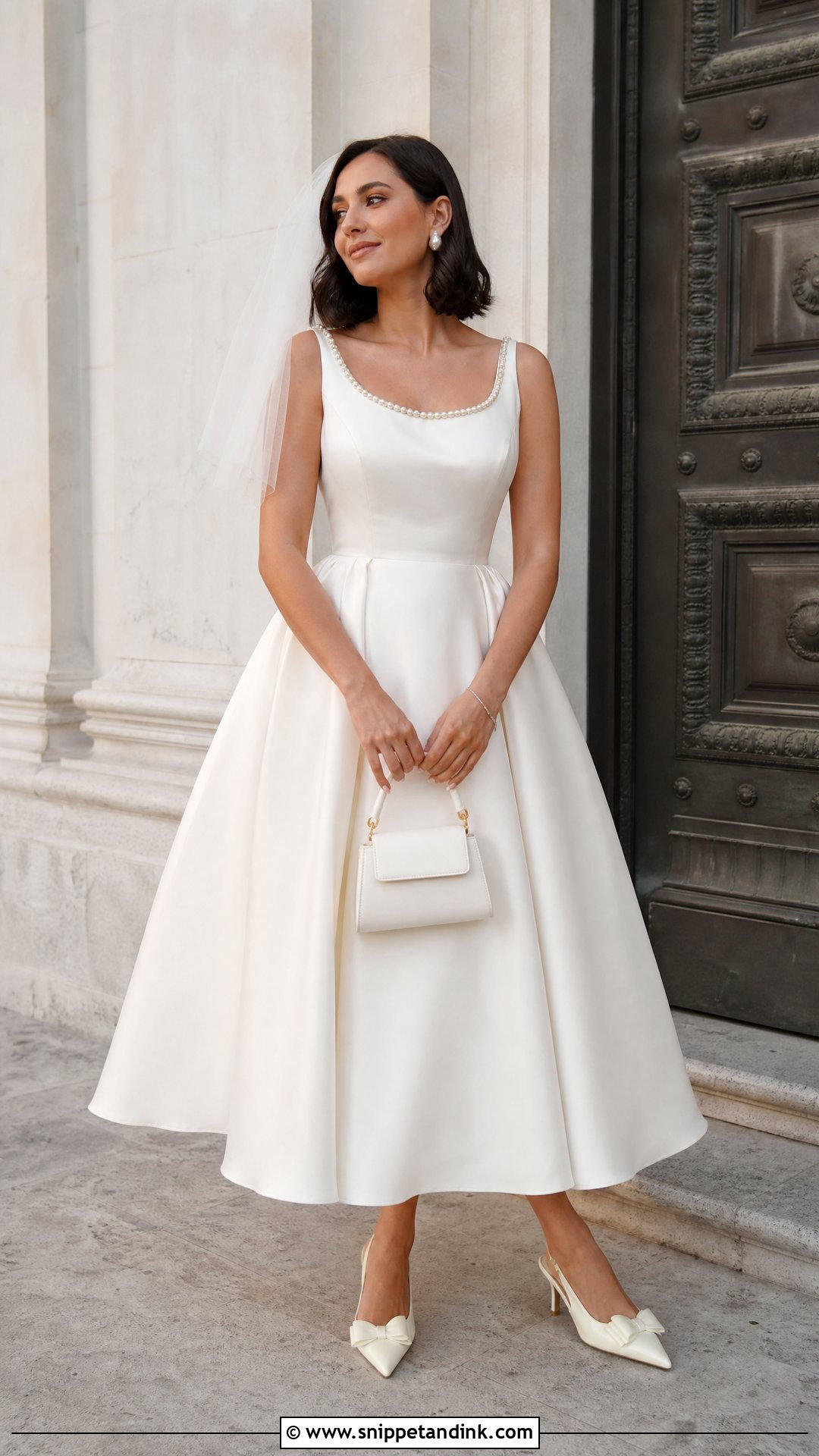 Tea Length Satin Wedding Dress With Pearl Trim - Snippet and Ink - 20 Satin and Pearl Wedding Dress Ideas