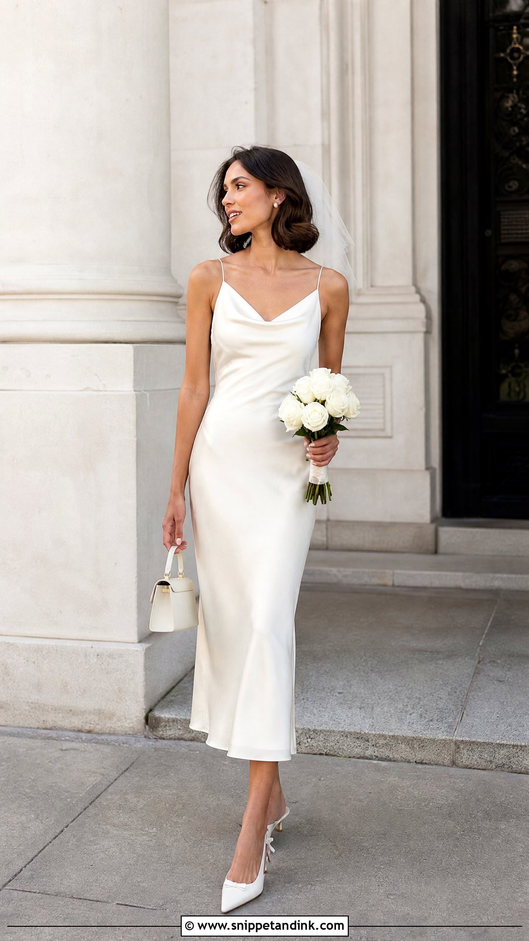 Tea Length Silk Slip Wedding Dress With Slingback Heels - Snippet and Ink - 20 Silk Slip Wedding Dress Ideas