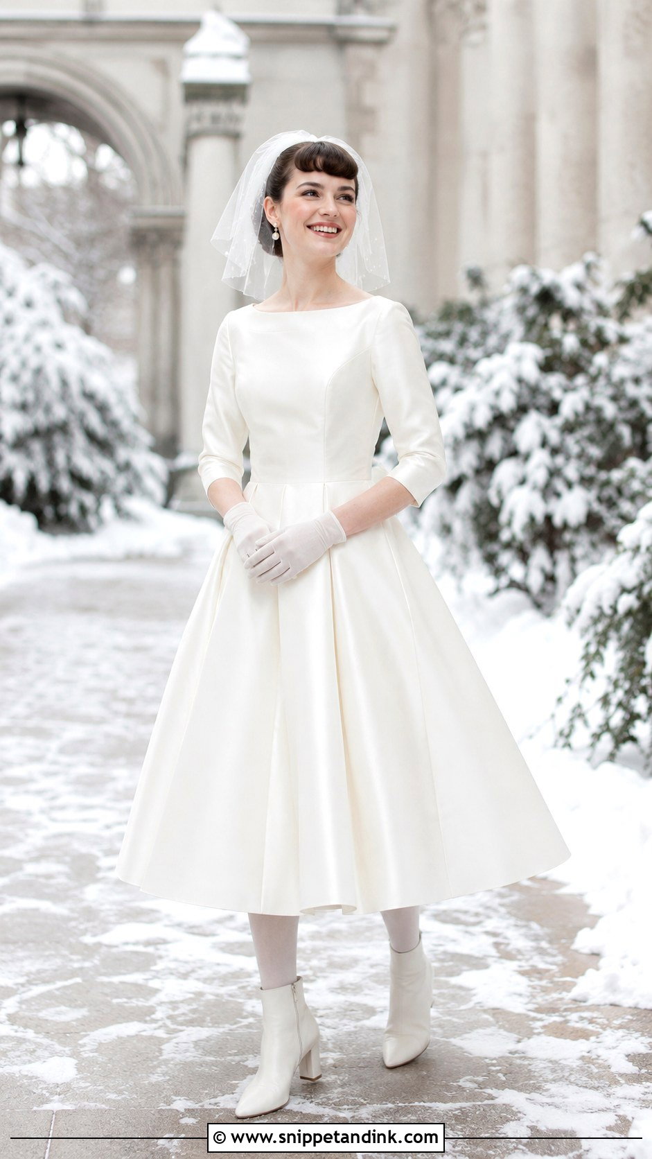 Tea Length Snow Wedding Dress With Boots - Snippet and Ink - 20 Snow Wedding Dress Ideas