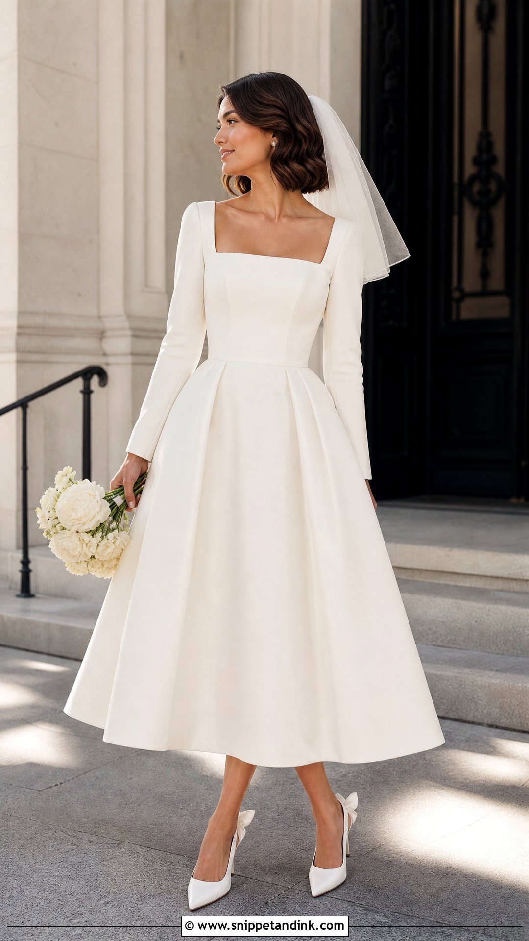Tea Length Square Neck Long Sleeve Wedding Dress - Snippet and Ink - 20 Square Neck Long Sleeve Wedding Dress Ideas