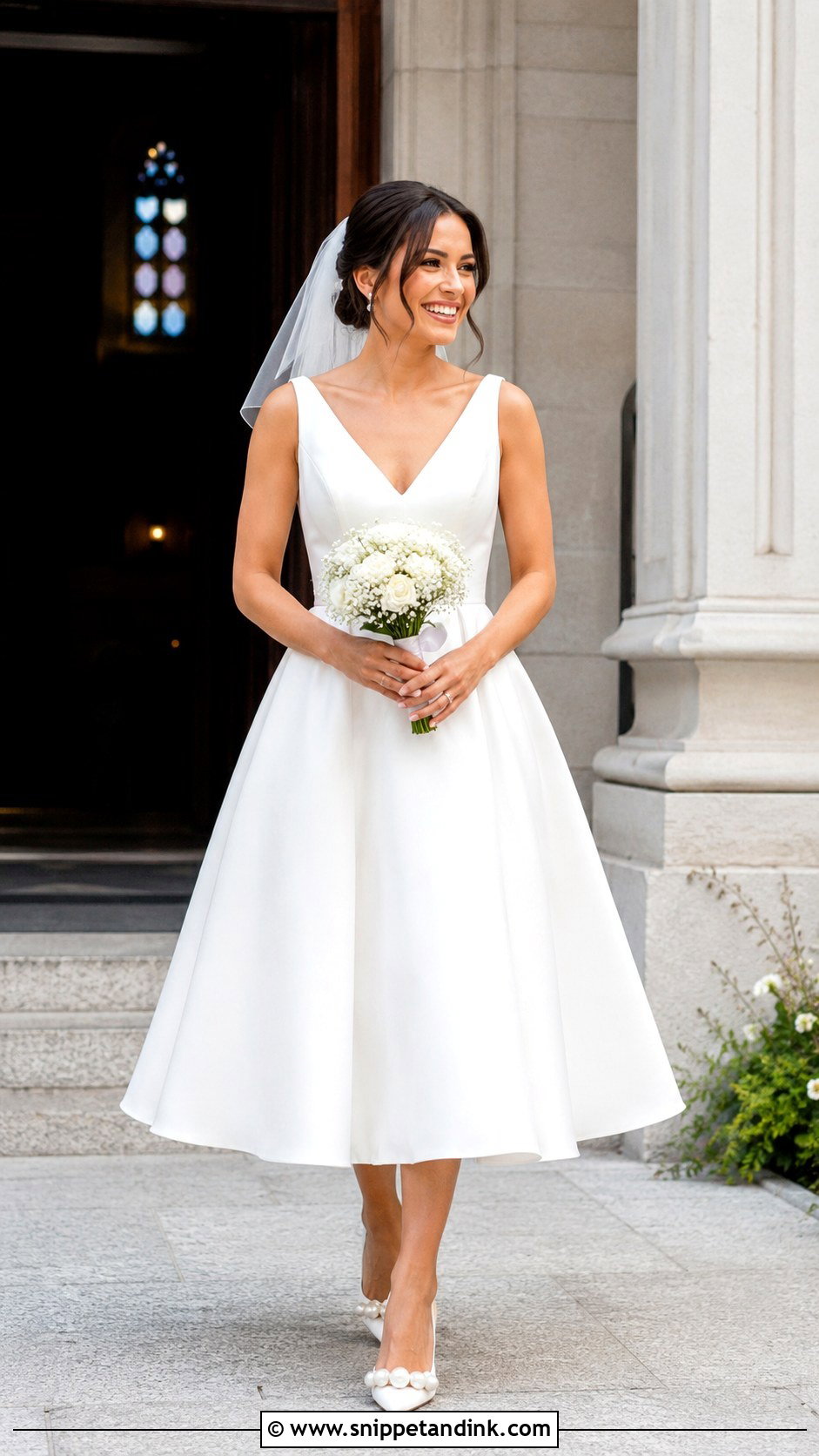 Tea Length V Neck Wedding Dress - Snippet and Ink - 20 Broad Shoulder Wedding Dress Ideas