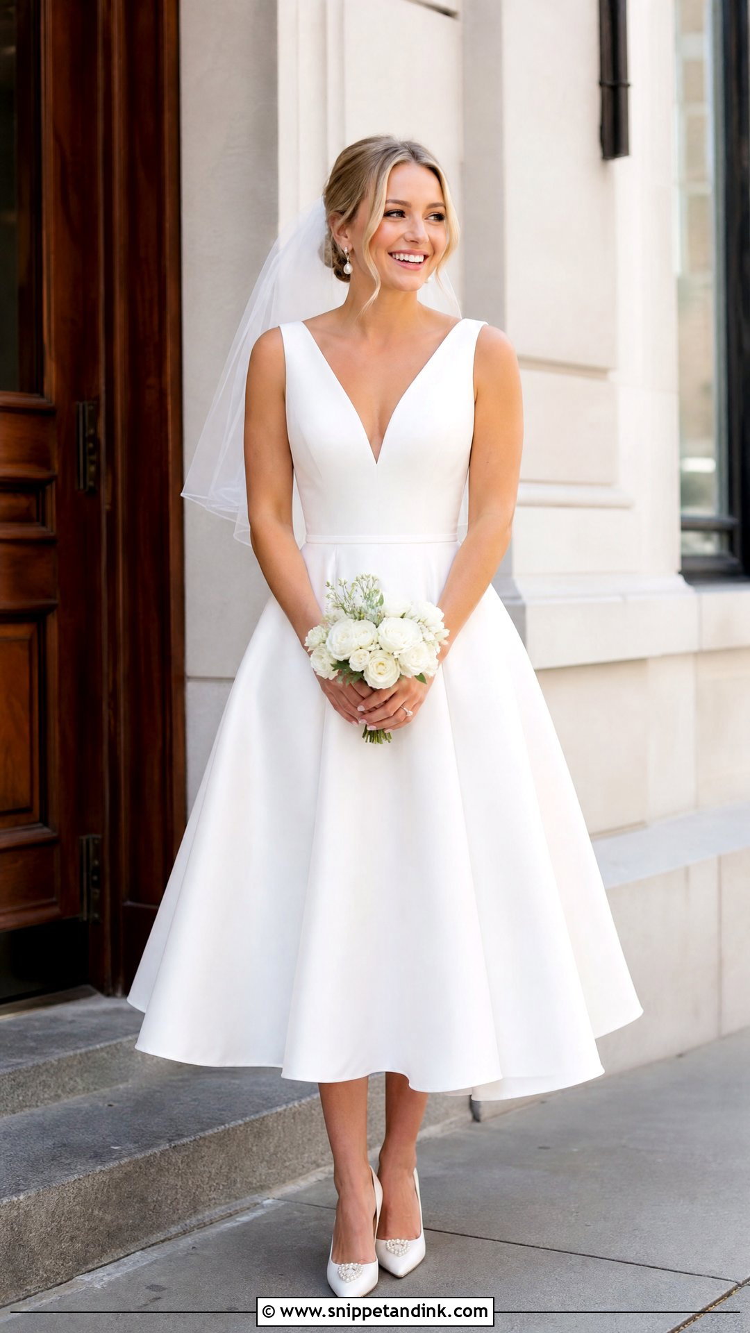 Tea Length V Neck Wedding Dress for Broad Shoulders - Snippet and Ink - 20 Wedding Dresses for Broad Shoulders