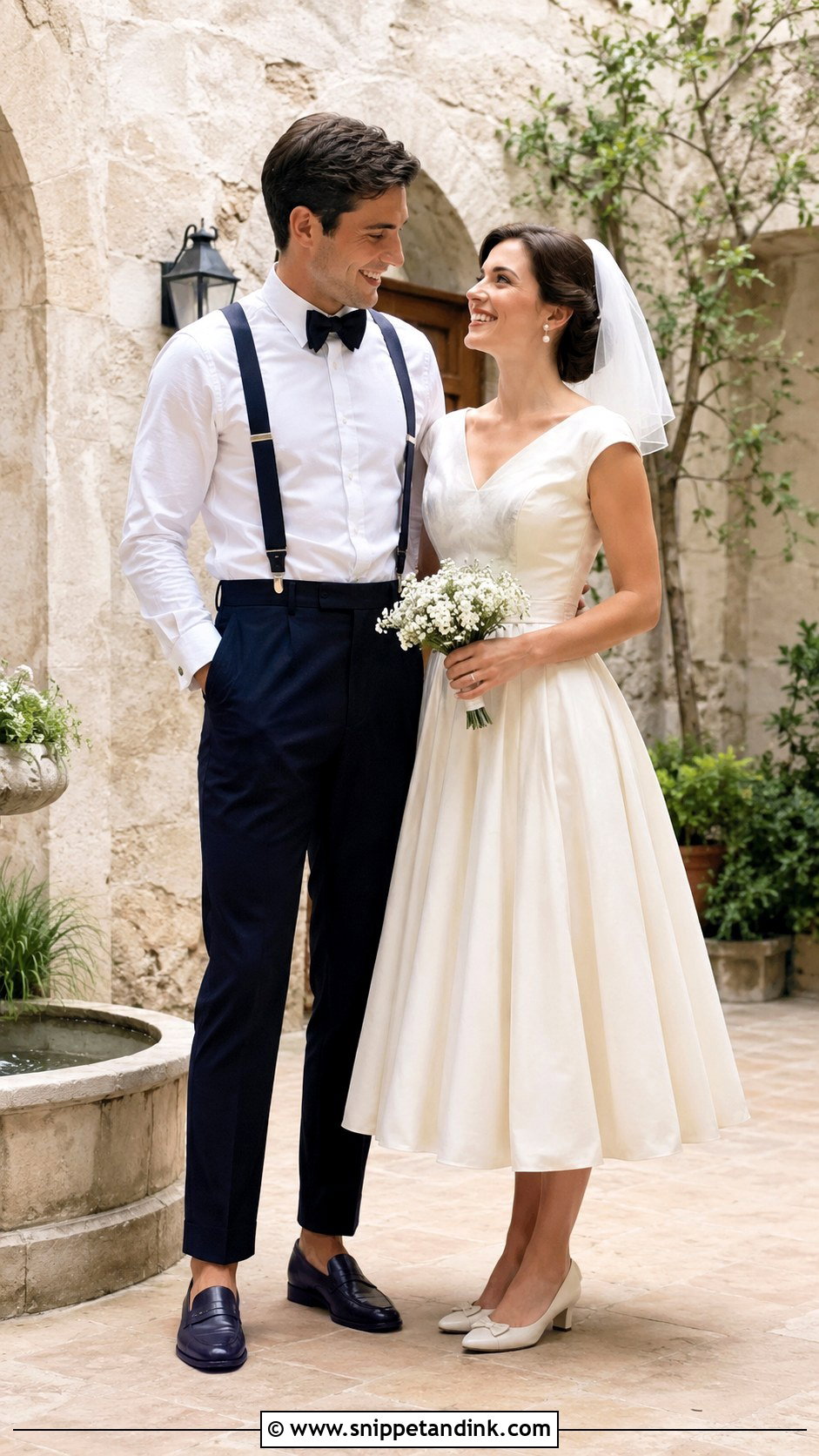 Tea Length Wedding Dress And Suspenders Wedding Couple Outfit - Snippet and Ink - 25 Wedding Couple Outfits