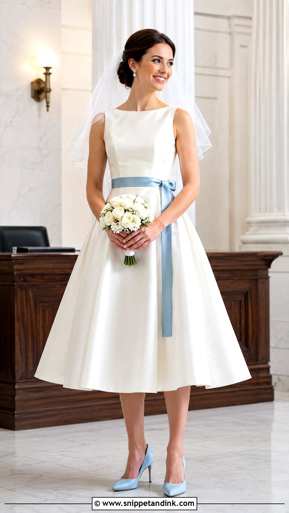 Tea Length Wedding Dress With Blue Ribbon - Snippet and Ink - 25 Wedding Dress with Blue Accents Ideas