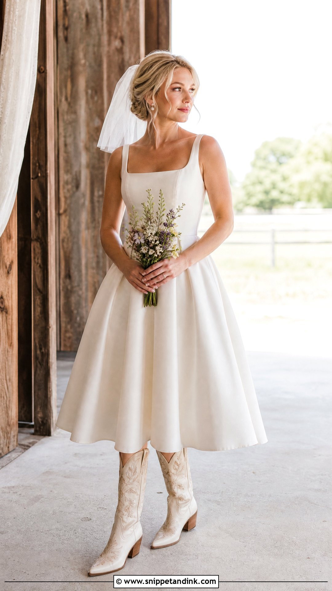 Tea Length Wedding Dress With Cowboy Boots - Snippet and Ink - 20 Wedding Dresses with Cowboy Boots