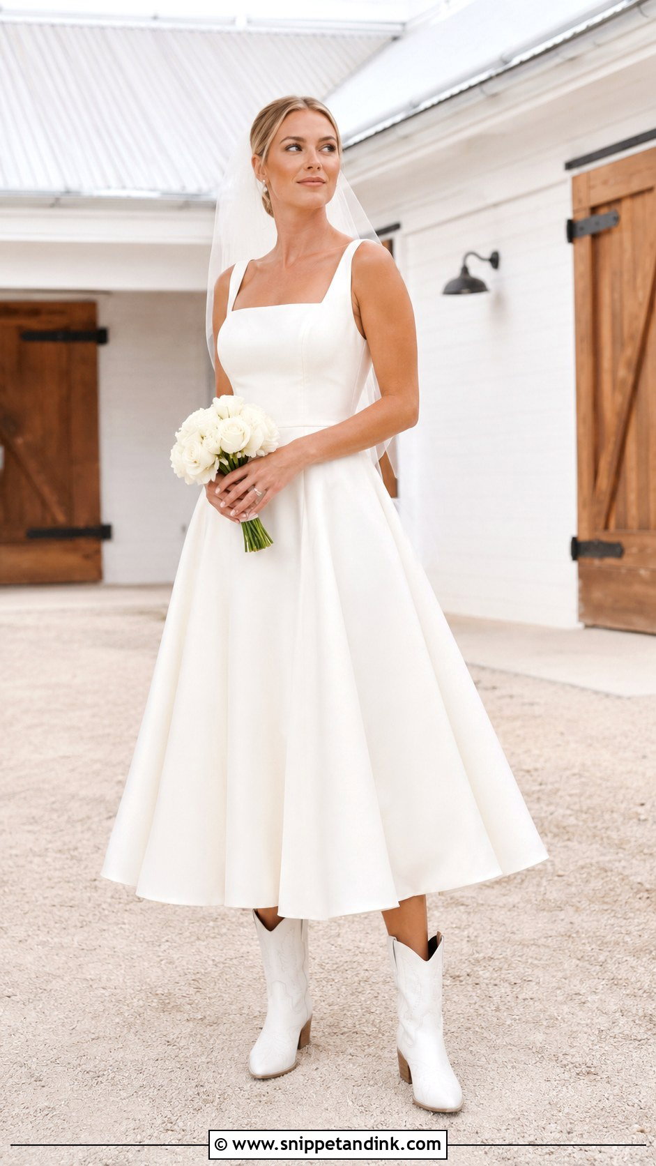 Tea Length Wedding Dress With Cowgirl Boots - Snippet and Ink - 20 Cowgirl Boots Wedding Dress Ideas