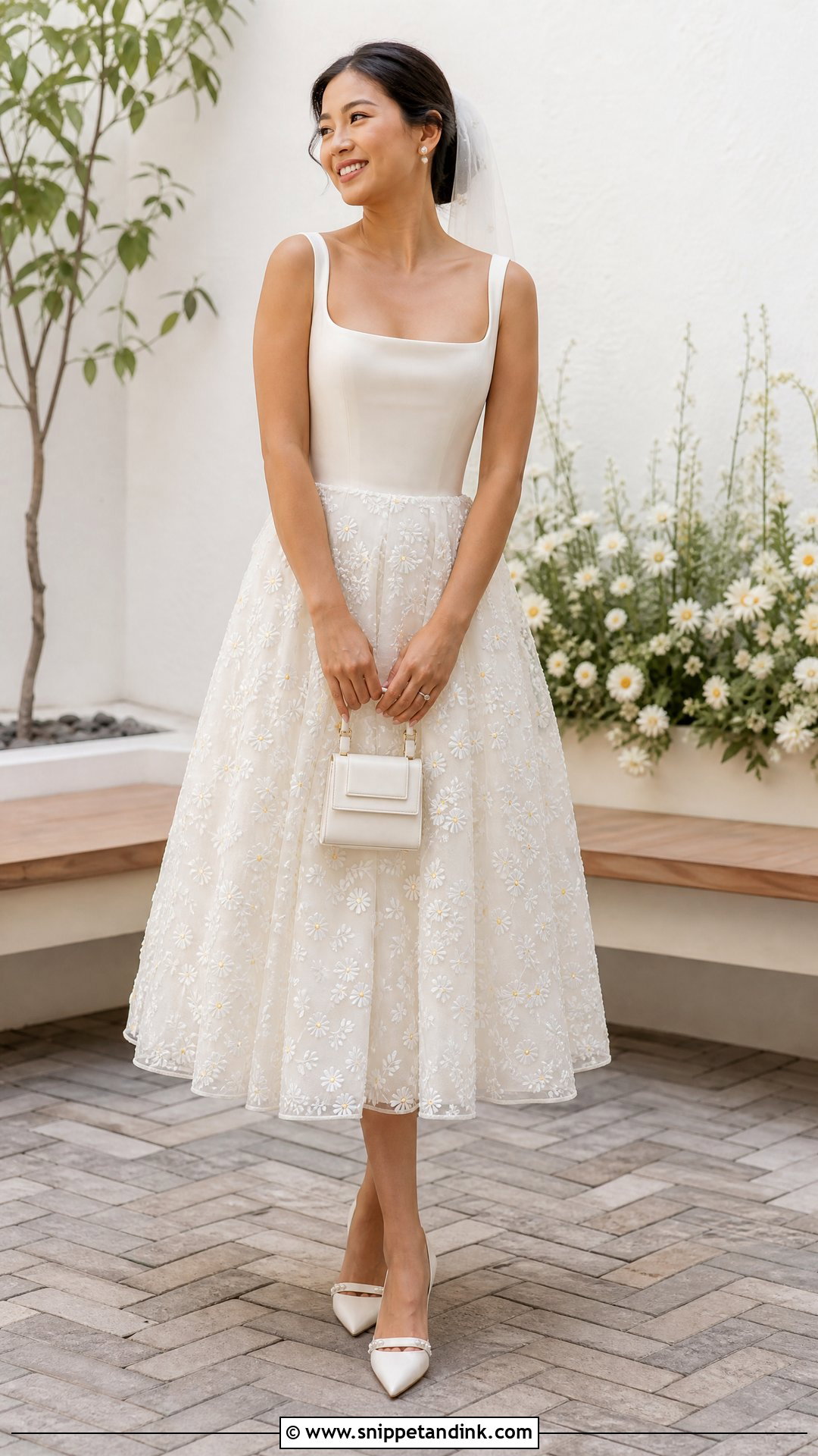 Tea Length Wedding Dress With Daisy Embroidery - Snippet and Ink - 20 Wedding Dress with Embroidered Flowers
