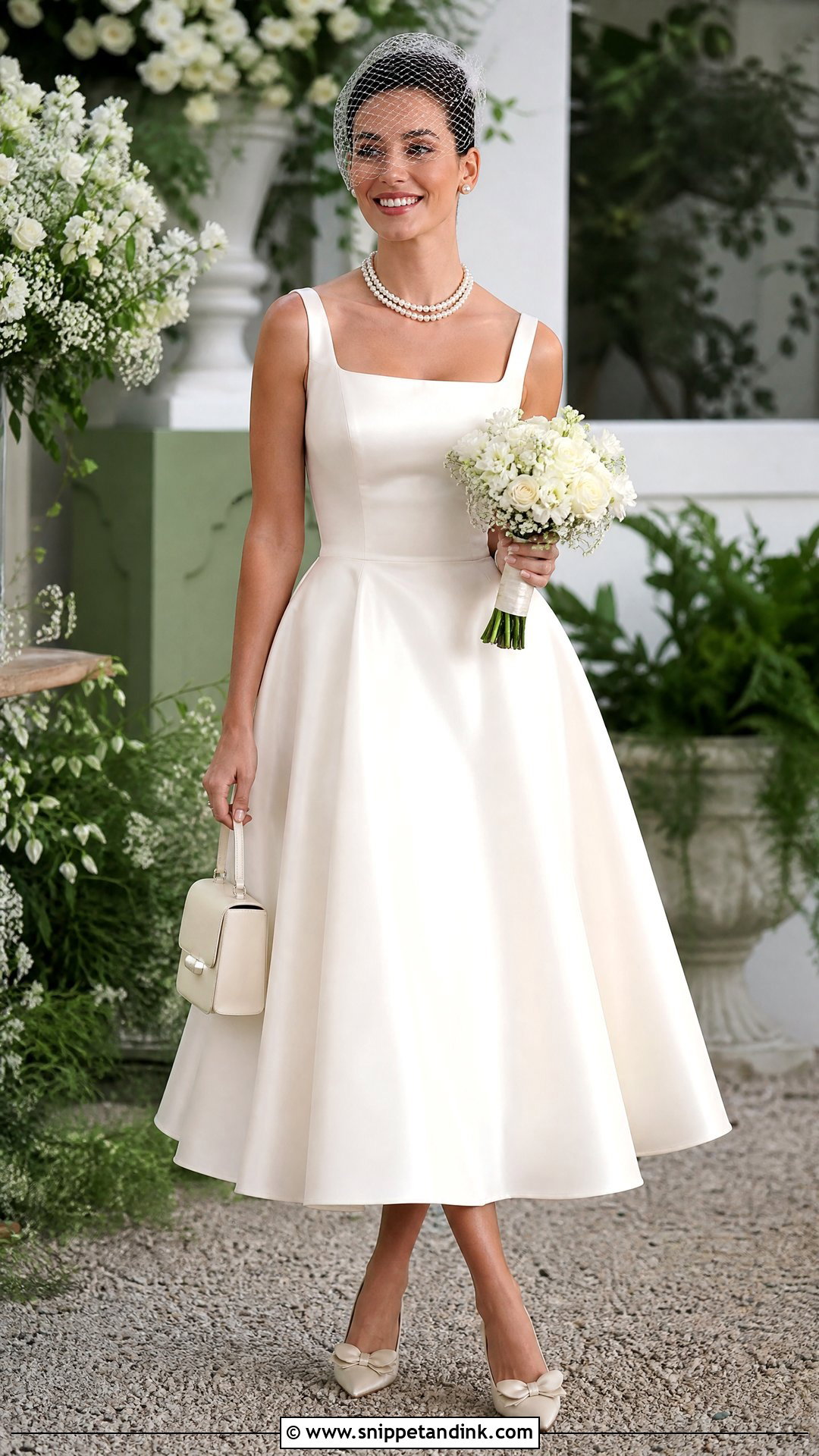 Tea Length Wedding Dress With Double Pearl Necklace - Snippet and Ink - 20 Wedding Dress with Pearl Necklace Ideas