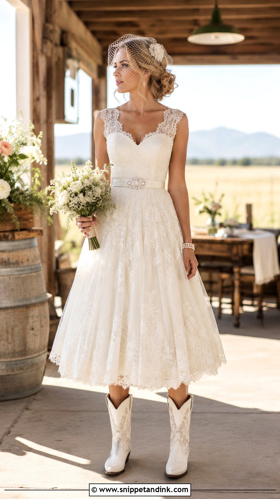 Tea Length Wedding Dress With Embroidered Cowboy Boots - Snippet and Ink - 20 Bride Cowboy Boots Ideas