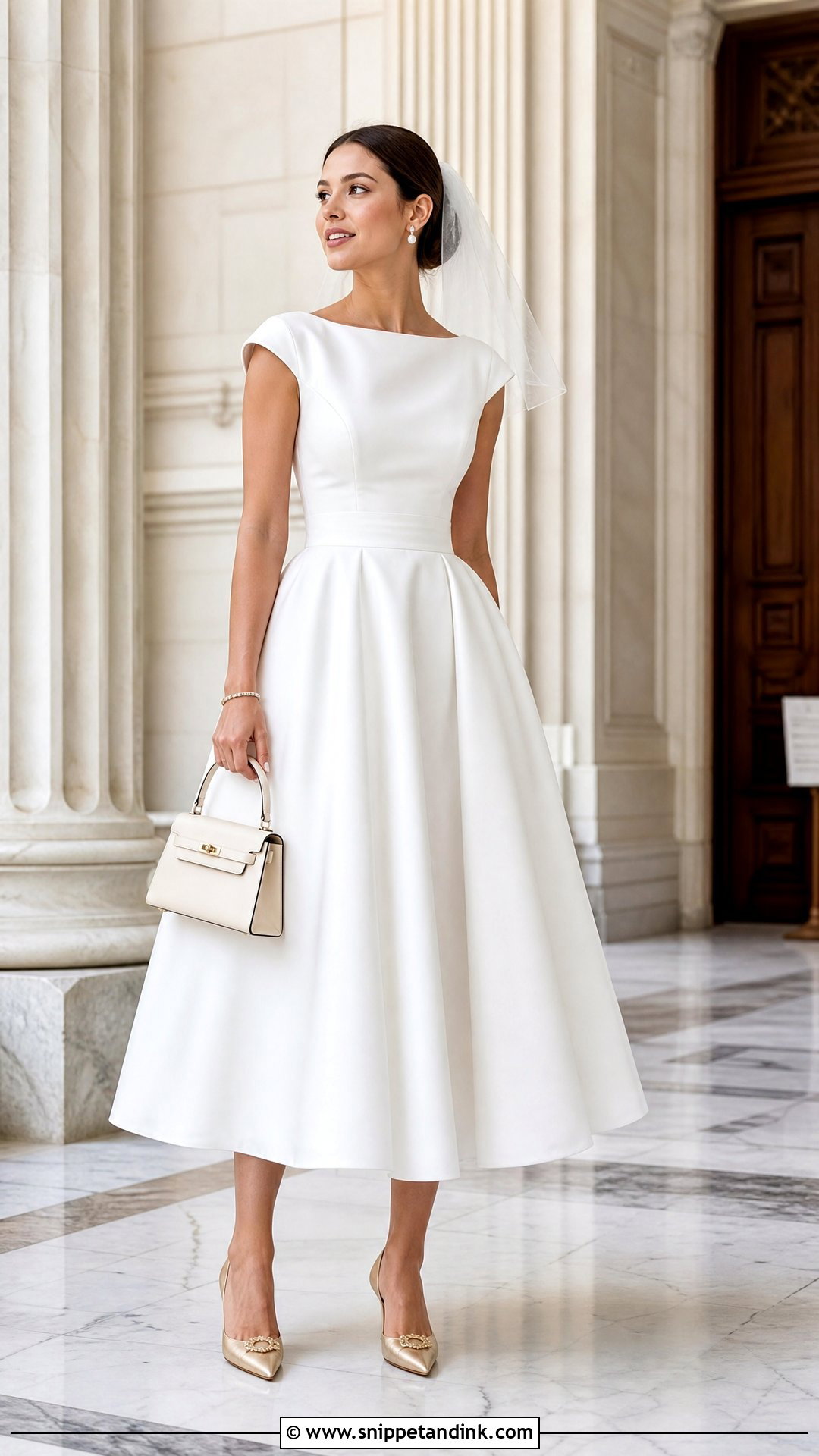 Tea Length Wedding Dress With Golden Pumps - Snippet and Ink - 25 Golden Heels Wedding Ideas