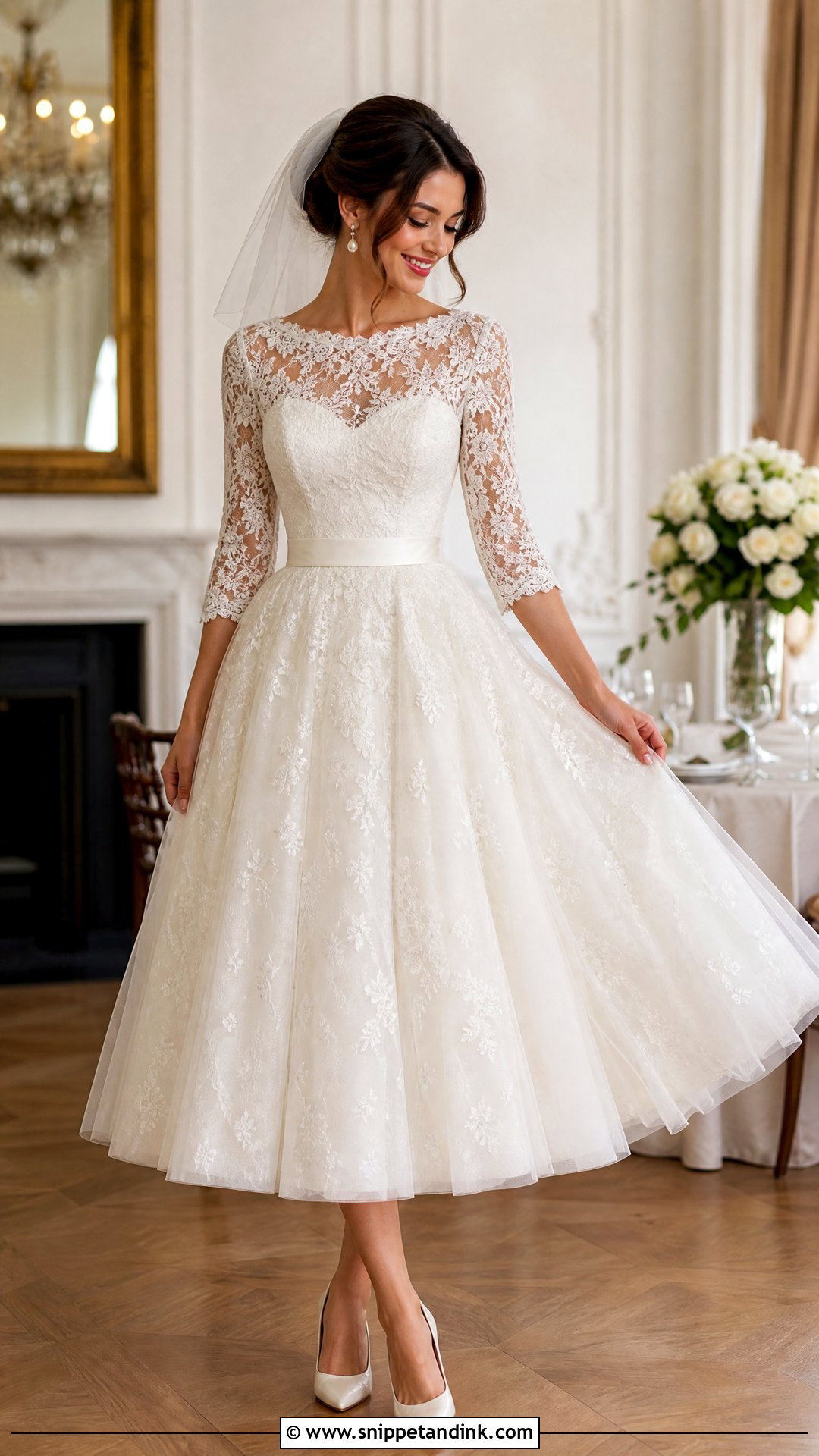 Tea Length Wedding Dress With Lace Sleeves - Snippet and Ink - 20 Wedding Dresses with Lace Sleeves