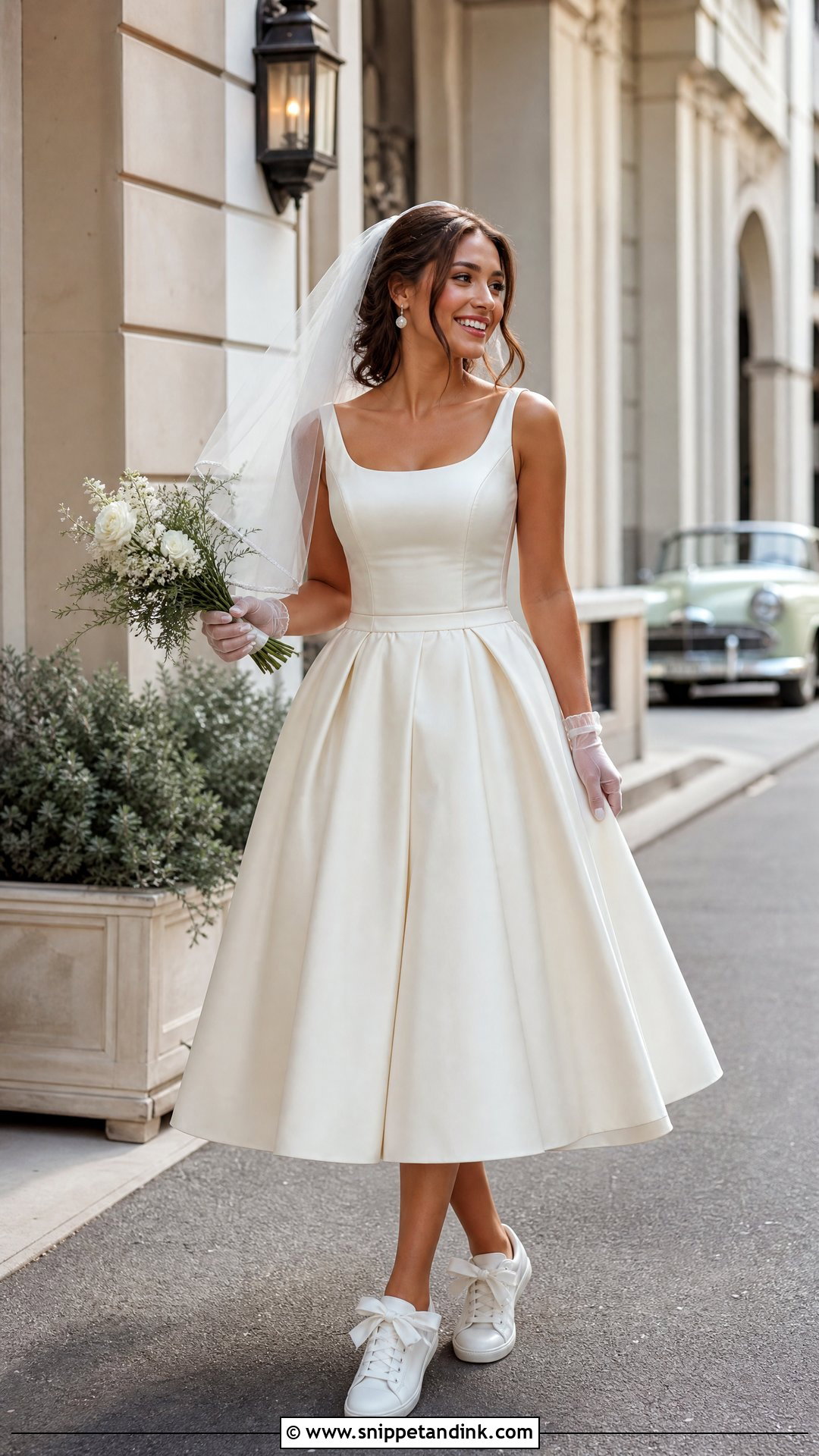 Tea Length Wedding Dress With Low Top Sneakers - Snippet and Ink - 20 Wedding Dress Sneakers Ideas