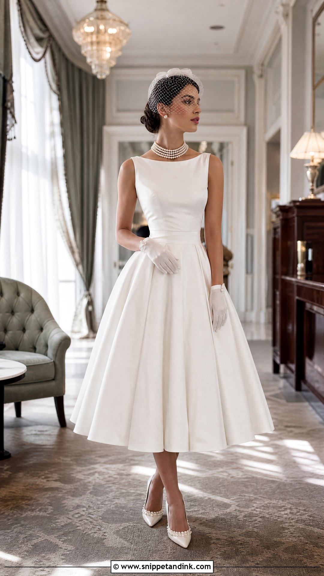 Tea Length Wedding Dress With Pearl Collar Necklace - Snippet and Ink - 20 Pearl Necklace Wedding Dress Ideas
