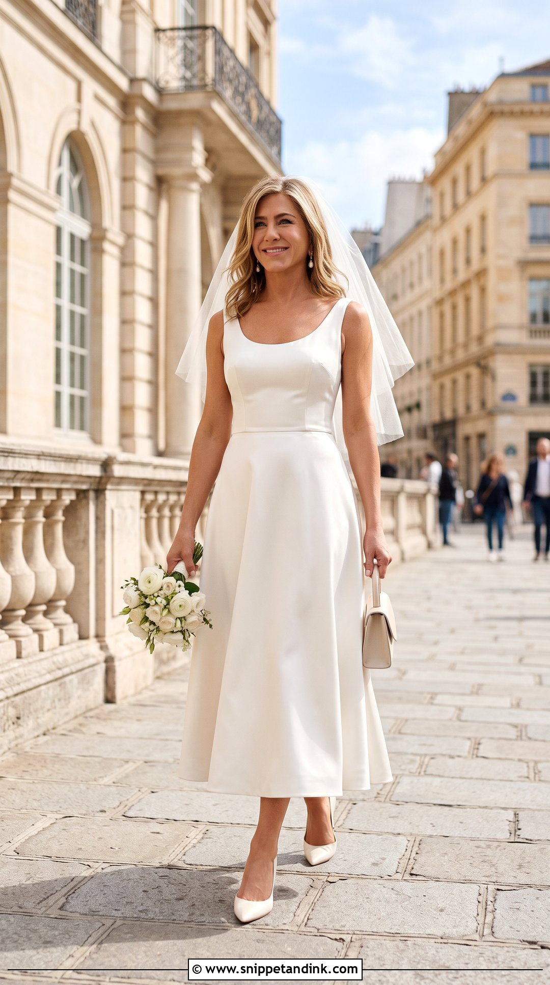 Tea Length Wedding Dress With Pointed Pumps - Snippet and Ink - 20 Jennifer Aniston Wedding Dress Ideas